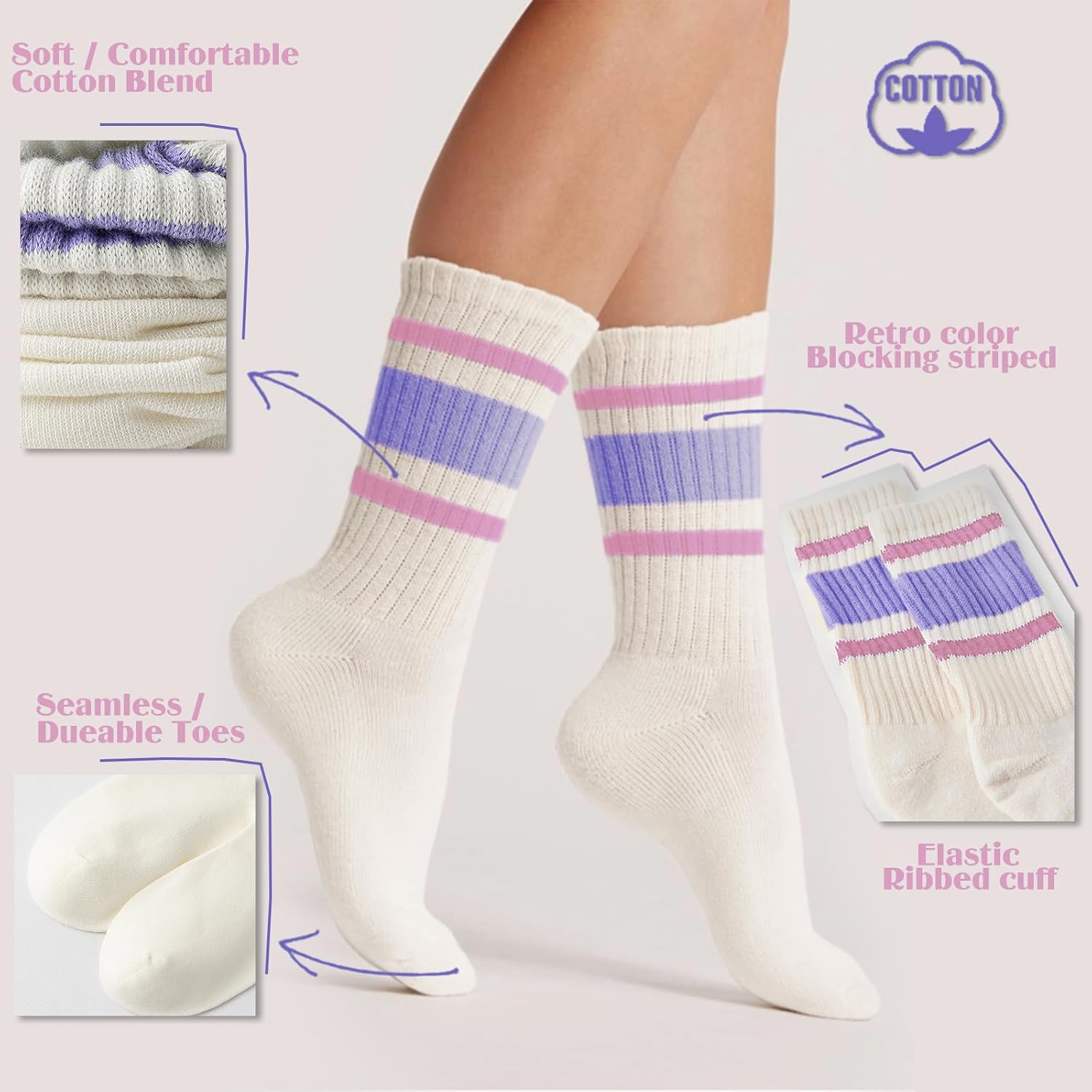 Fun Novelty Retro Striped Crew Socks For Women Sporty Calf Casual Cotton Tube Socks Women - Image 7