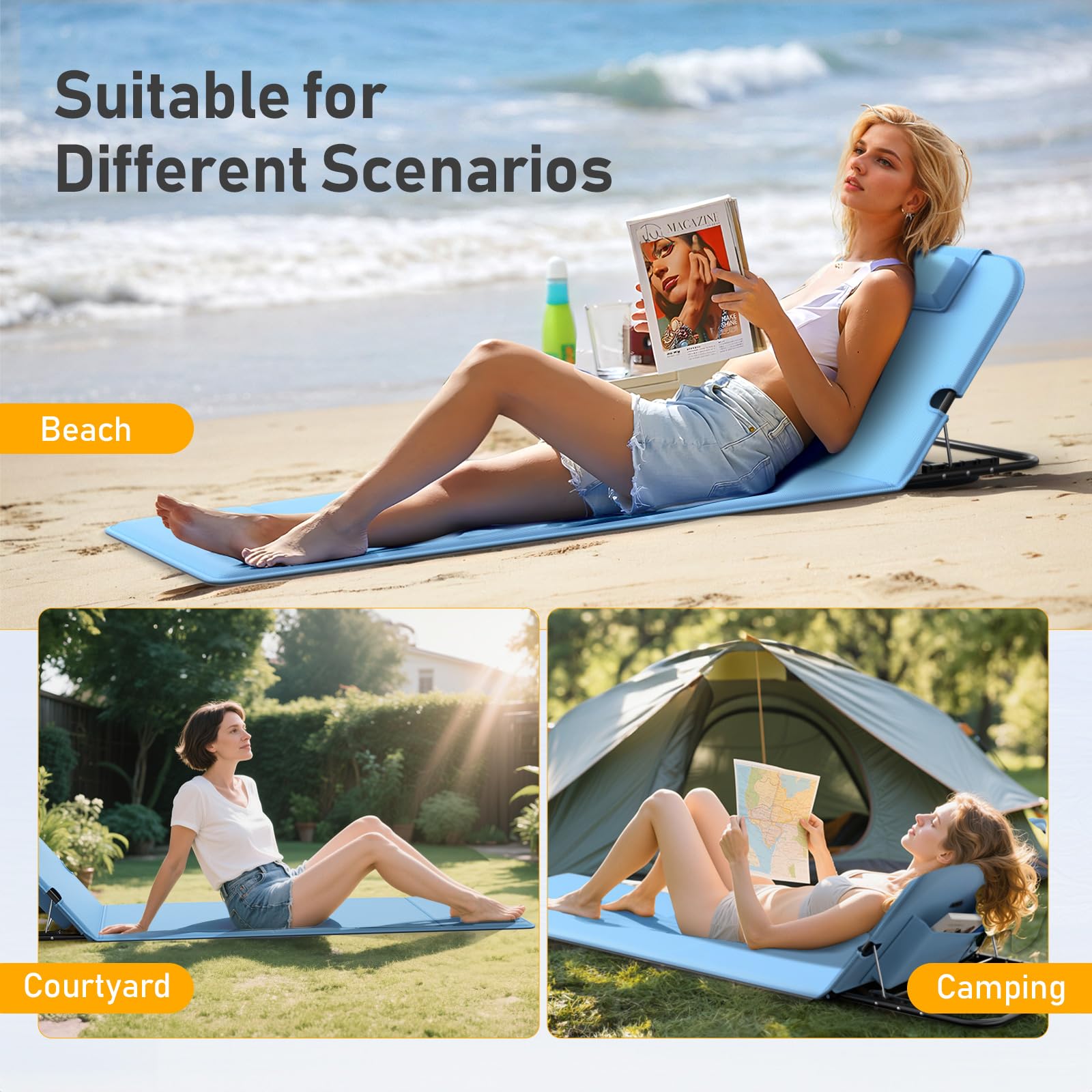 WildFun 165 X 55 cm Chaise de Plage Pliante Portable avec Sac de Transport, chaises de Plage à Haut Dossier en Maille pour Adultes, Chaise pour l'extérieur, Le Camping, Le Barbecue (1pcs, Bleu)