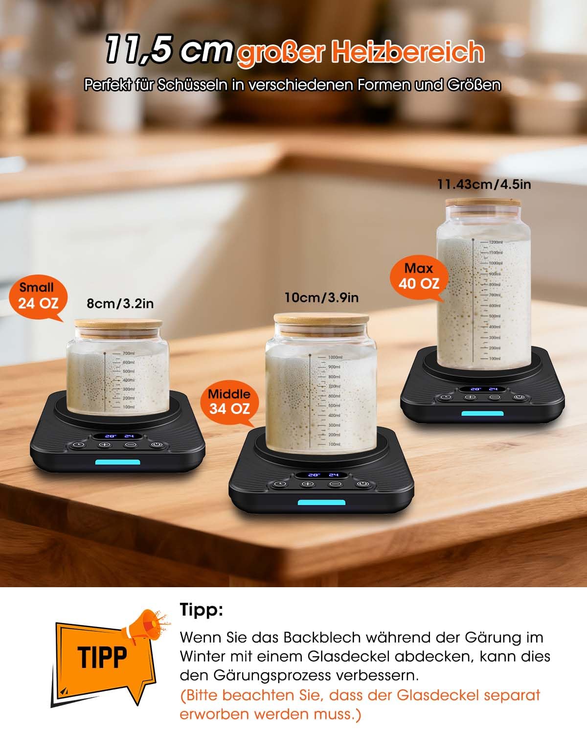 Sauerteigstarterwärmer, Wärmeplatte Präzise 1℃ Thermostat (21-43℃), 24H Timer, Automatische EIN/Aus-Funktion mit Speicher, Wärmegerät Ideal für Brotbacken & Fermentation