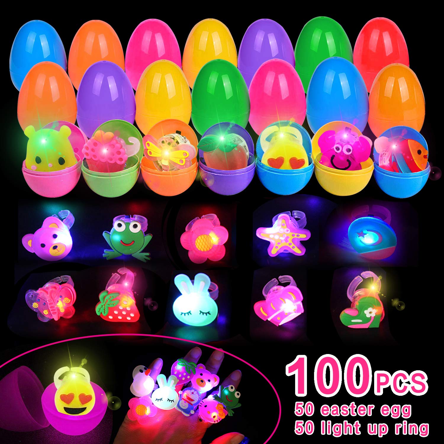 TURNMEON [ 2 Golden Eggs 50 Pack Easter Basket Stuffers for Kids, 50 Prefilled Easter Eggs with 50 LED Light Up Rings Glow in The Dark Easter Eggs Hunt Game Easter Party Favors Classroom Prizes
