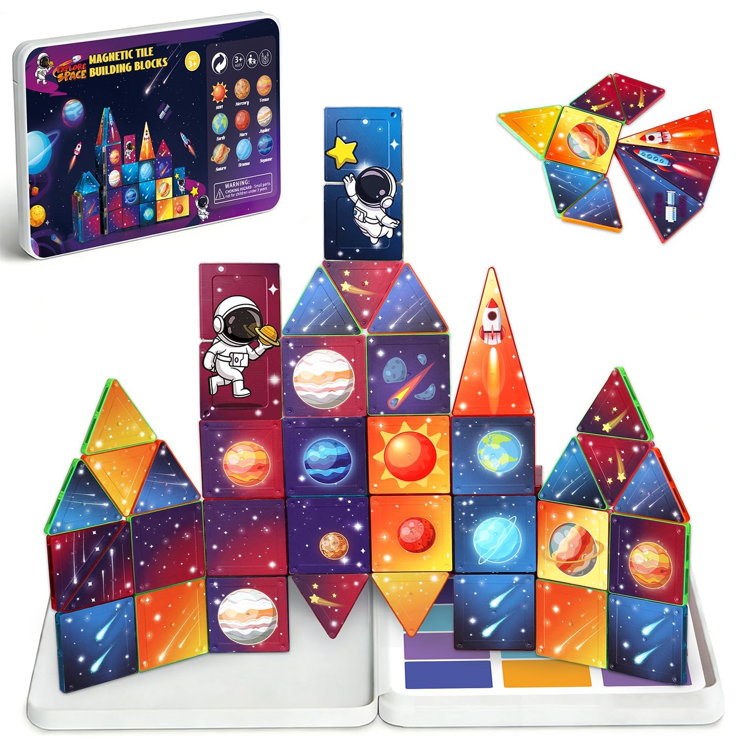 Travel Magnetic Tiles for Kids, 31Pcs Mini Space Magnet Tiles with Iron Box