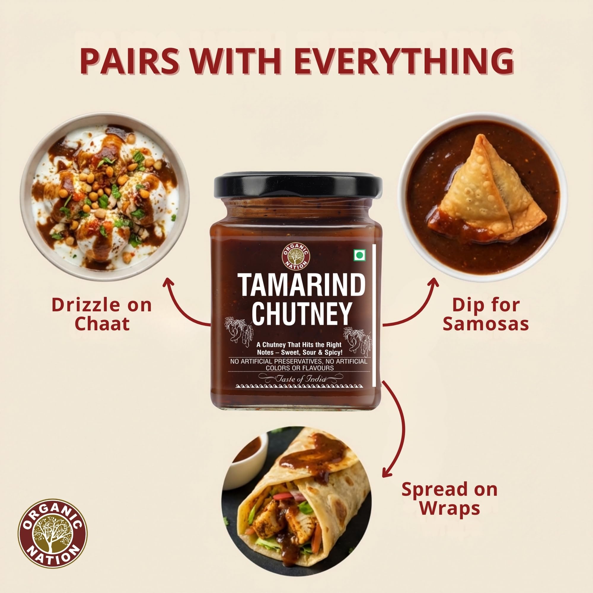 ORGANIC NATION Rich & Authentic Tamarind Chutney - Delicious Imli Chutney, Perfect Tamarind Sauce for Snacks, Natural Ingredients, Sweet & Tangy Tamarind Sweet Condiment - 300g, No Preservatives 3