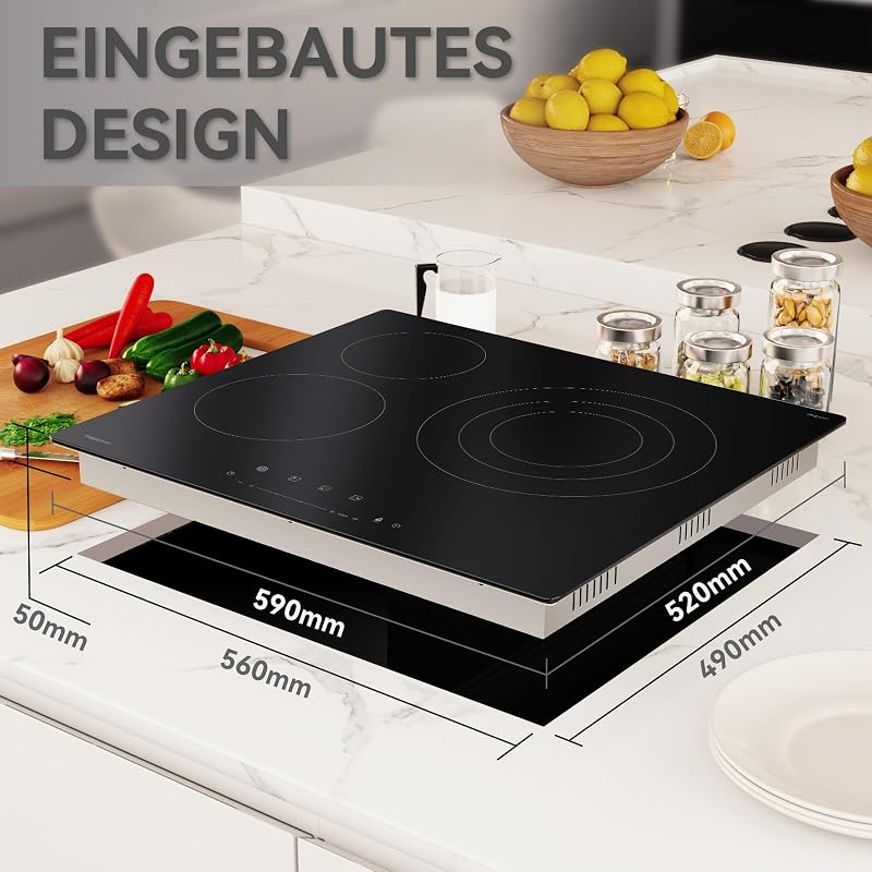 magicplux 59 cm üvegkerámia főzőlap 3 égővel, 6600W, 16 fokozat, érintésvezérlés, gyermekzár, időzítő