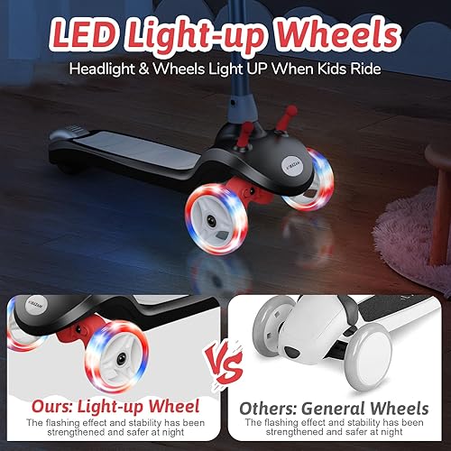 Miniatura 7 de Patinete eléctrico para niños, ruedas con luz LED, 3 alturas ajustables, mango en forma de C, diseño de dirección inclinada, scooter de 3 ruedas