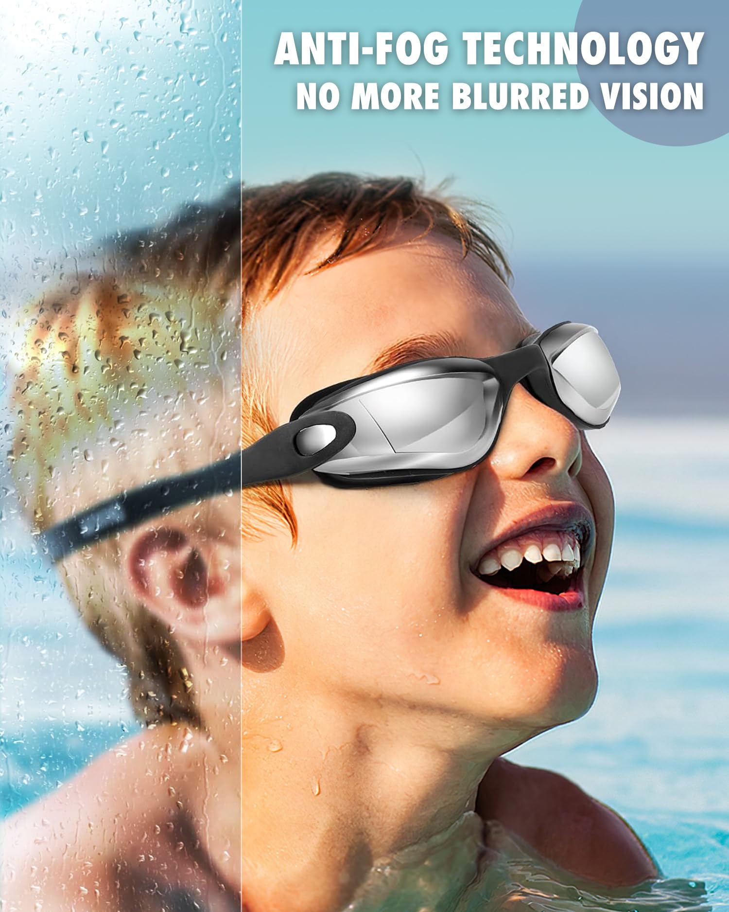 SwiwWave Swimming Goggles 2 Pack for Kids 3-14, No Leak with Storage Case, Aqua & Black Silver - Image 6