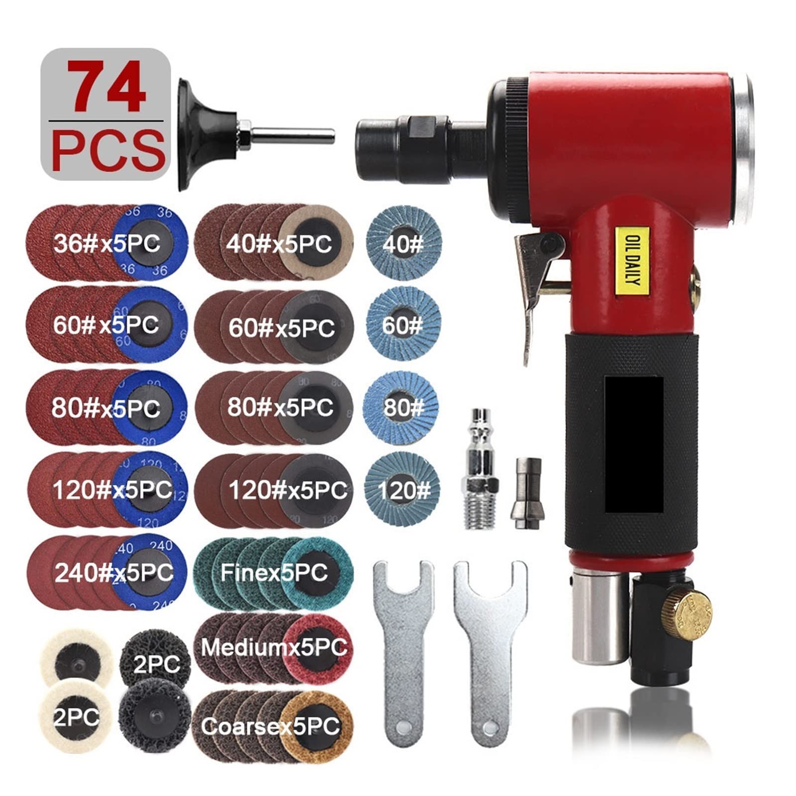 LNHHG Air Sander Pneumatic Engraving Machine 1/4inch 1/8inch 90Degree Polisher Mini Angle For Mill Grinding Polishing Hand Tools Set(Red 74 Pcs set)