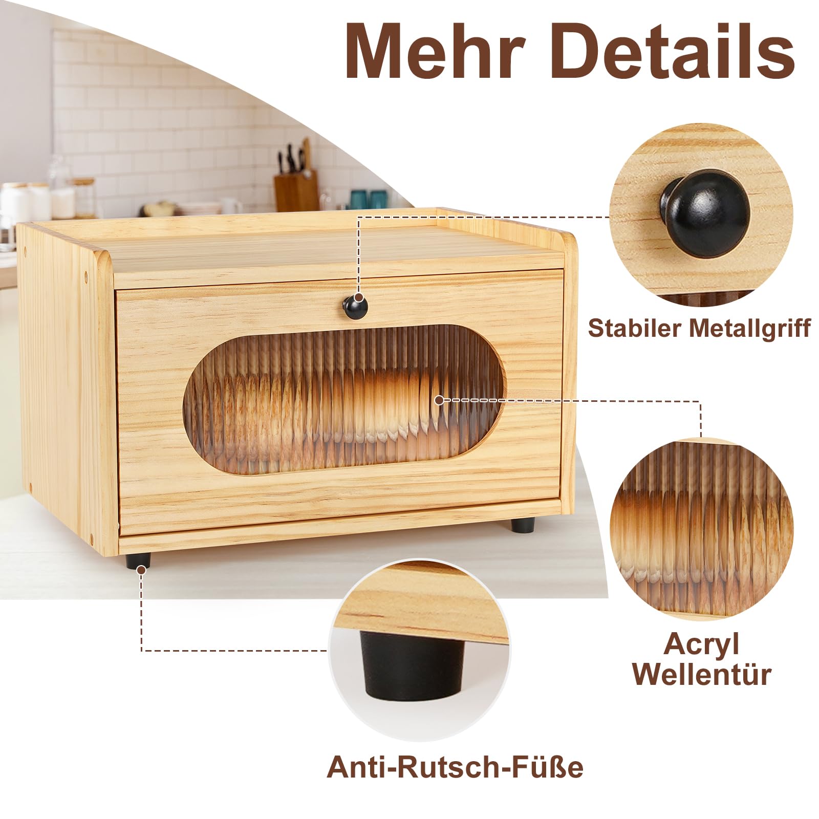 GUUSII HOME Brotkasten Holz Brotbox Küchentheke Brotaufbewahrung Zirbenholz Brot Aufbewahrungsbox Küche Brotbehälter Brot Aufbewahren mit Magnetisch Acryltür Bread Box Bin 36.5x23.5x22cm(Grau)