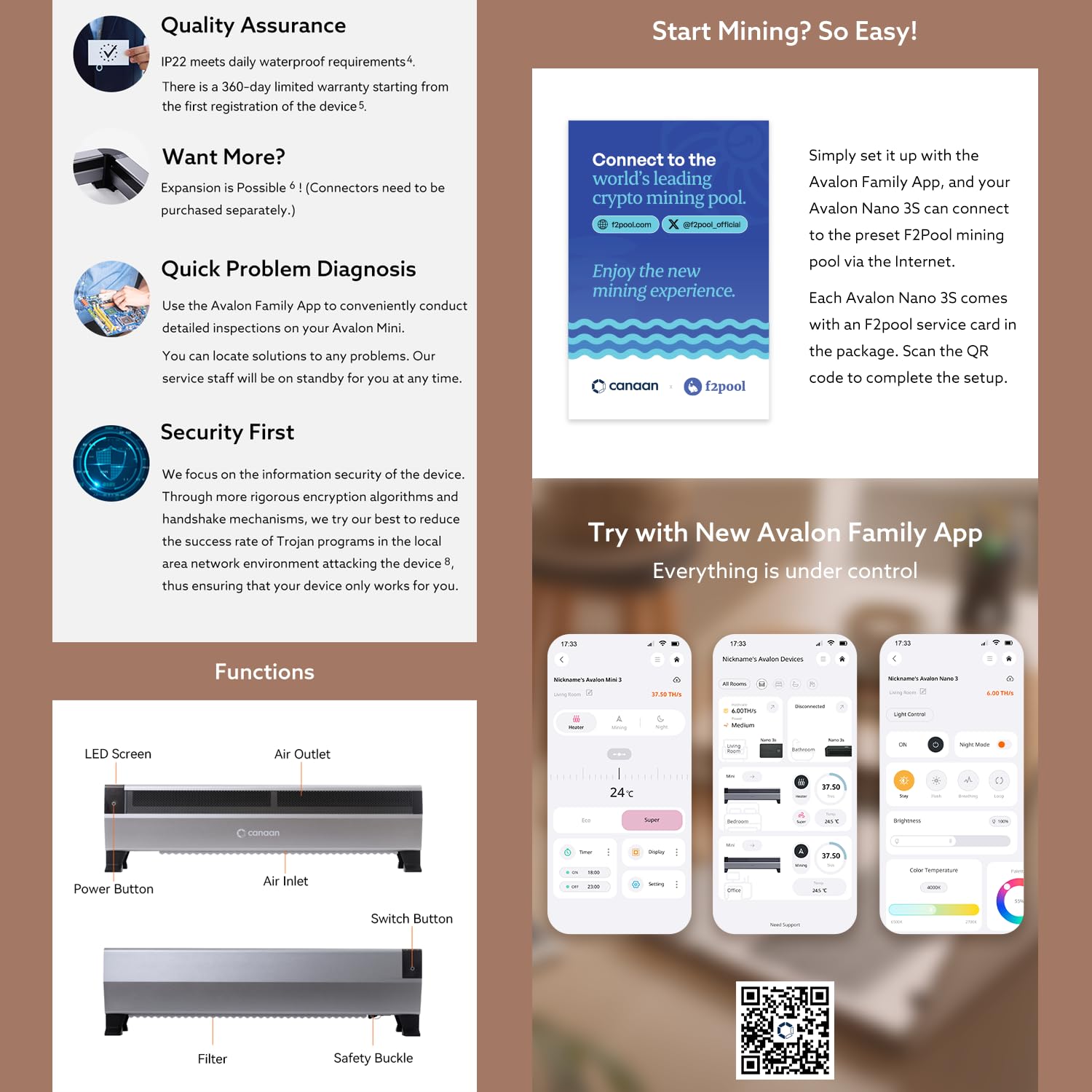 Mineur de chauffage Canaan Avalon Mini 3 BTC – 37,5 TH/s 800 W Bitcoin ASIC  –
