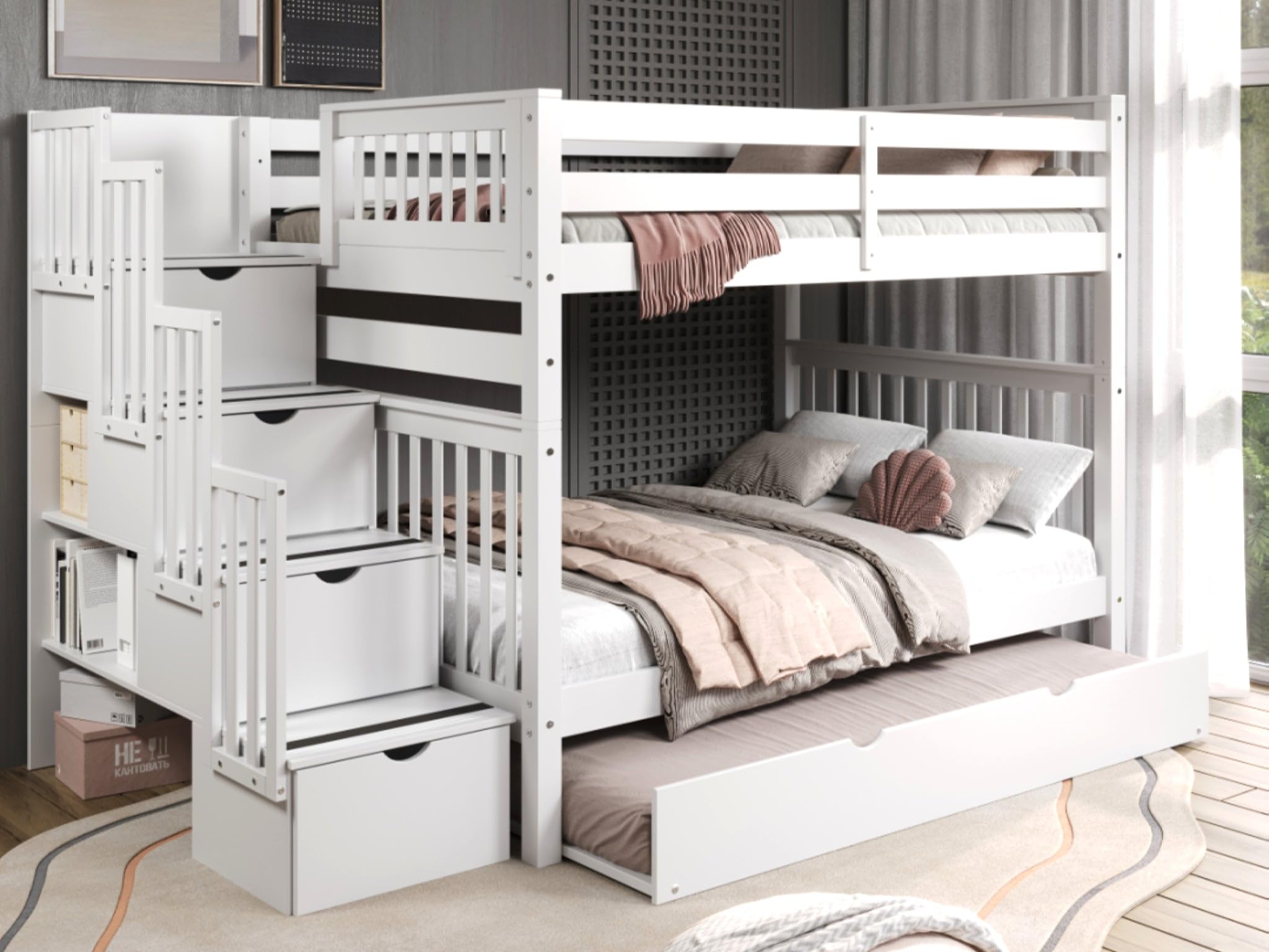 Bedz King Stairway Bunk Beds Full over Full with 4 Drawers in the Steps and a Twin Trundle, White