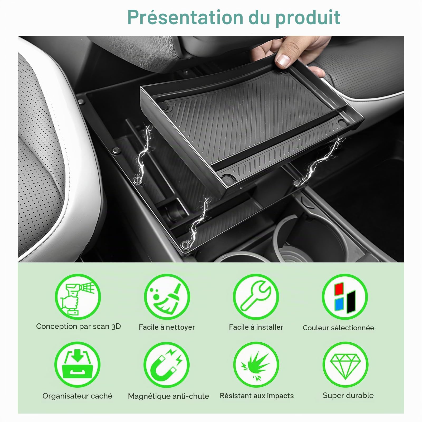 GAFAT Compatible avec Kia EV3 GT Line 2025 2026 Organiseur Console Centrale, Étagère Supérieure avec Rails Coulissants, EV3 2025 Étagères de Rangement Sous la Console Centrale avec Tapis