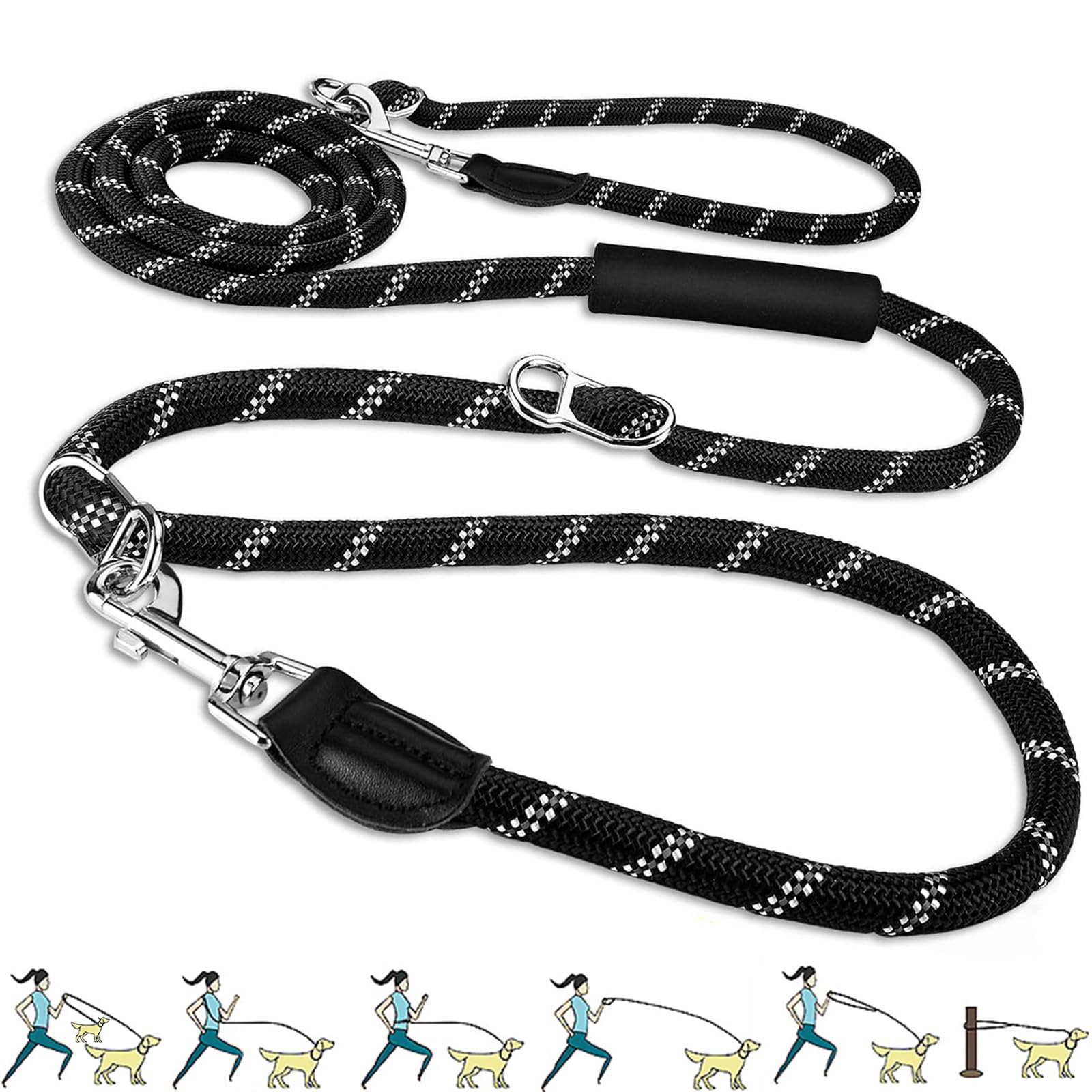Hands Free Dog Leash, 10FT Adjustable Dog Training Leash Nylon Heavy Duty Lead No Pull for Large Medium Dogs, Tangle Free Reflective Waist Leash for Dog Walking Running (10FT-Black)