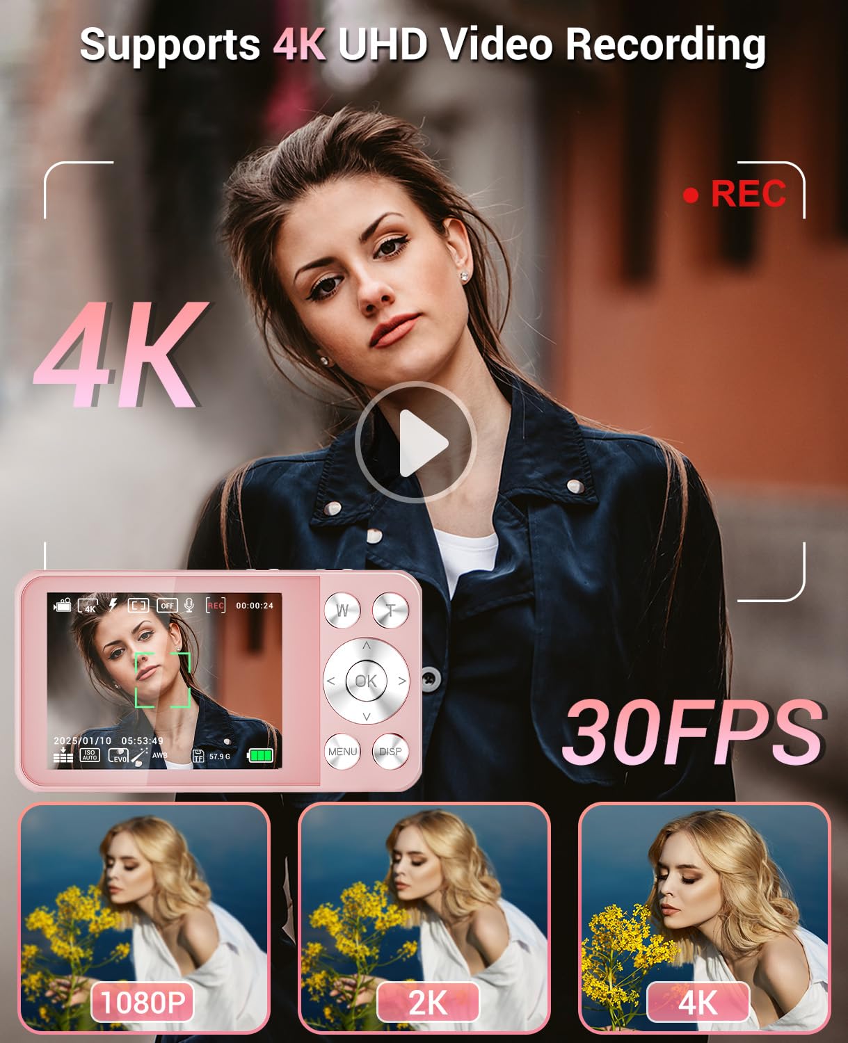 Macchina Fotografica Digitale 4K 64MP, Wevoor 32GB Fotocamera Digitale | Fotocamera Compatta, 2,8” Schermo, Zoom Digitale 18x, Batteria da 2000mAh per Principianti Bambini Adolescenti - Rosa