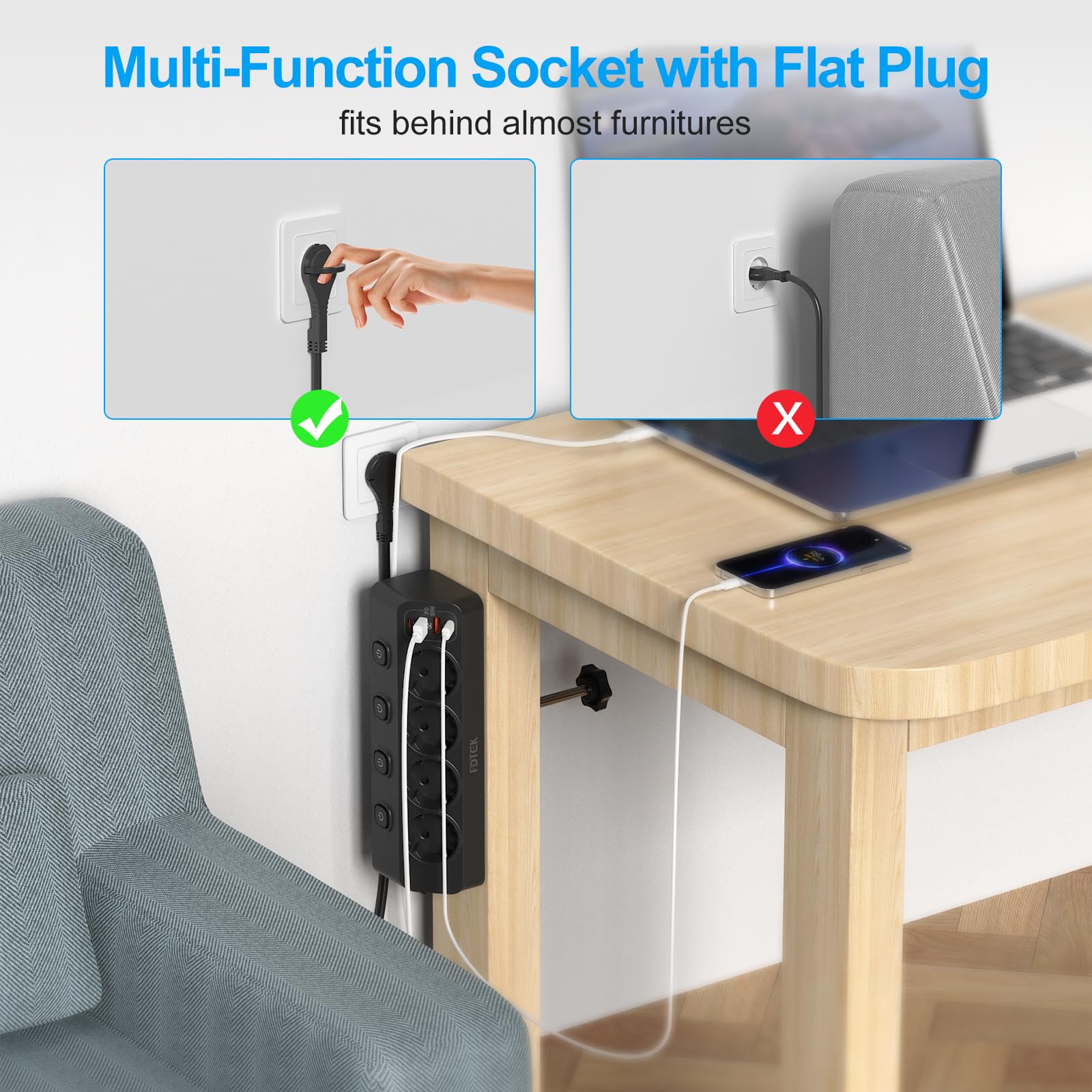 FDTEK Listwa zasilająca na biurko, 20 W, indywidualnie przełączana (4000 W/16 A), płaska wtyczka z USB C, 4 gniazda wtykowe z przełącznikiem, kabel 2 m, narożna listwa zasilająca do domu, biura