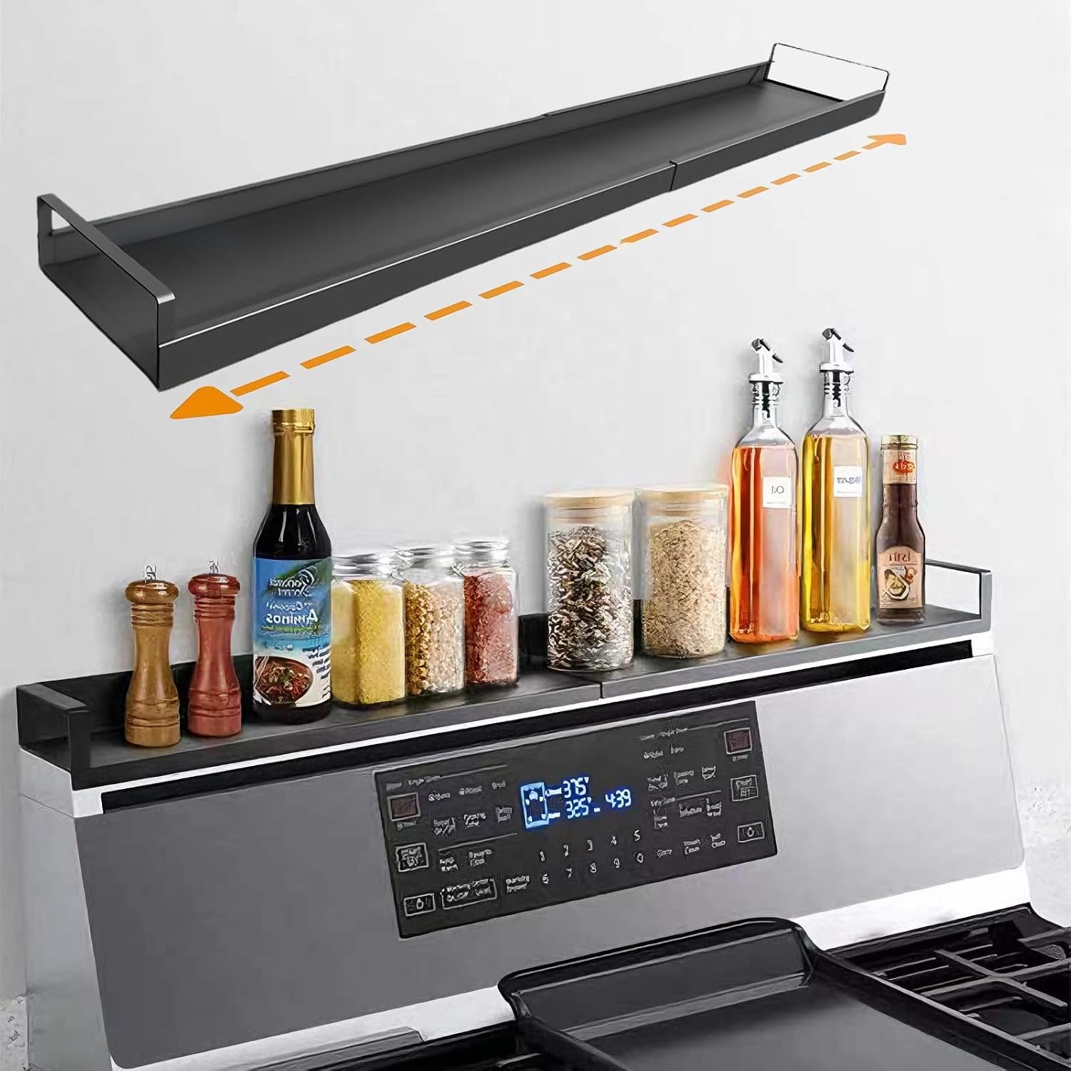 Over The Stove Spice Rack, Carbon Steel Telescopic Spice Rack | 20-30in Adjustable Length, 3.9in Slim Width, Over The Stove Shelf & Stove Shelf, Spice Organizer, Magnetic & Tool-Free