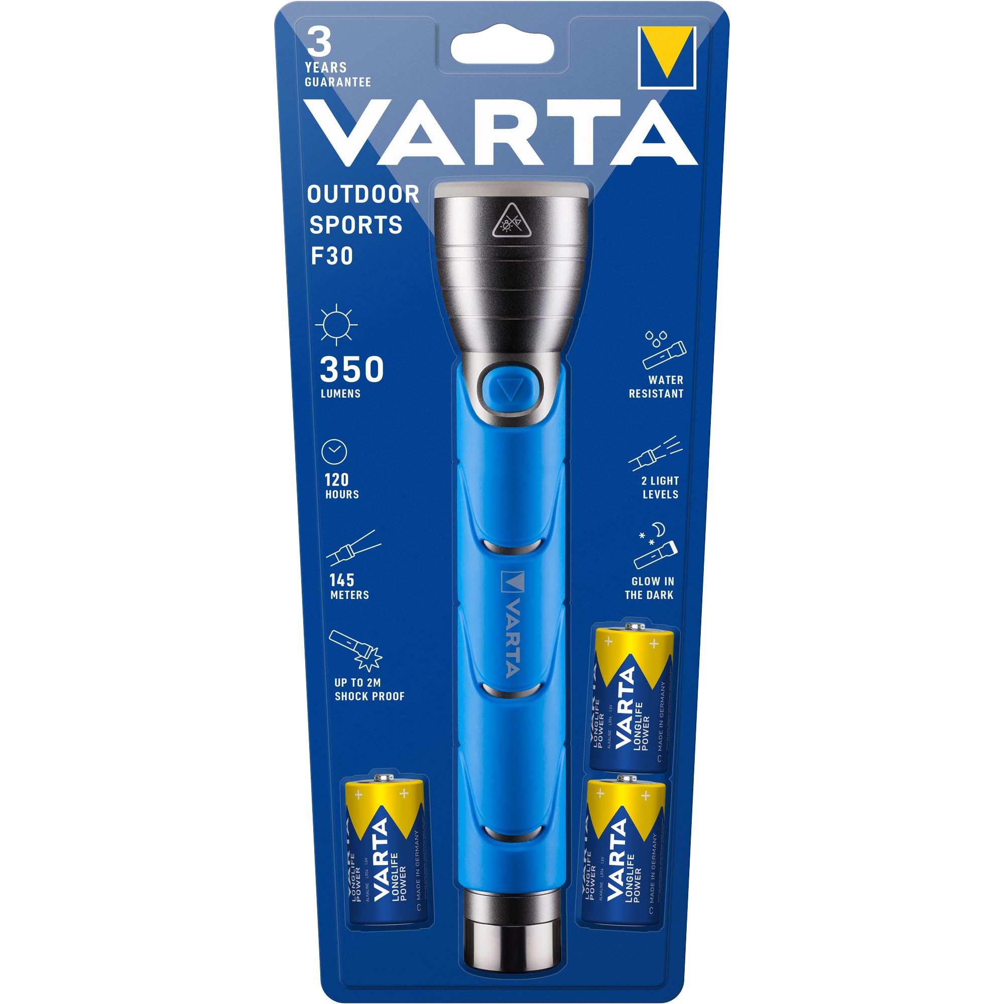 Varta 3X C (Verde) Linterna LED 5 W, IPX4, 3 Pilas C Incluidas, Azul