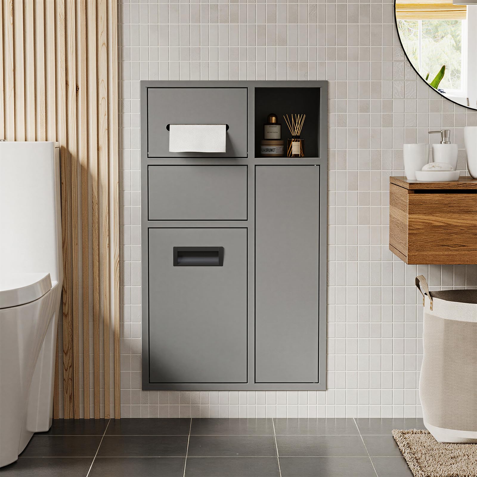 MSFE Portarrollos de Papel Higiénico Empotrado,4 en 1 Nicho de Acero Inoxidable con Porta Pañuelos, Estante,Papelera y Armario para Escobillas de Baño para Baños y Aseos,67 * 40 * 14.13 CM