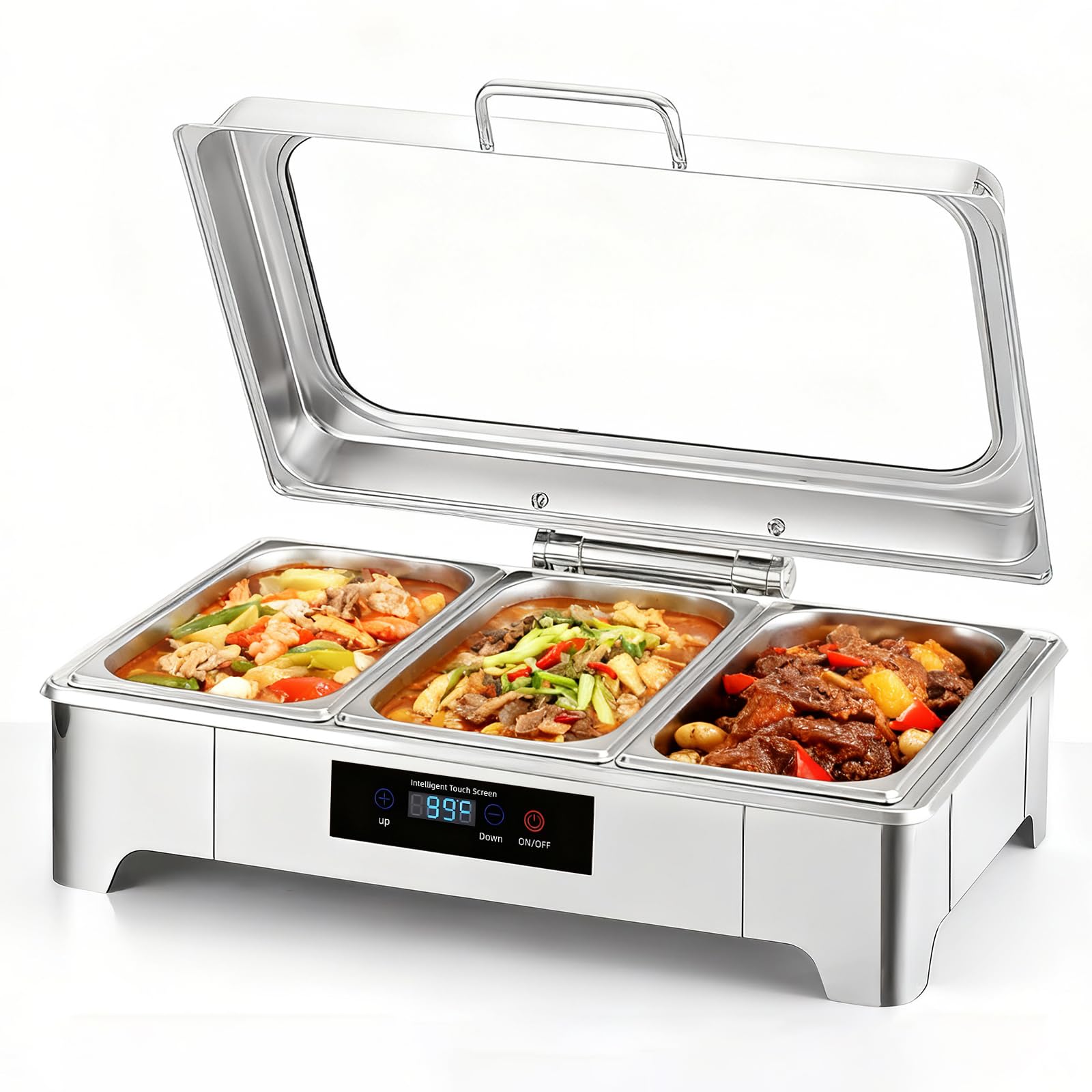 Chafing Dish, scaldabagno elettrico in acciaio inox da 9 l, temperatura regolabile, contenitore elettrico con coperchio in vetro visibile per buffet e banchetti, 1/3 Pan