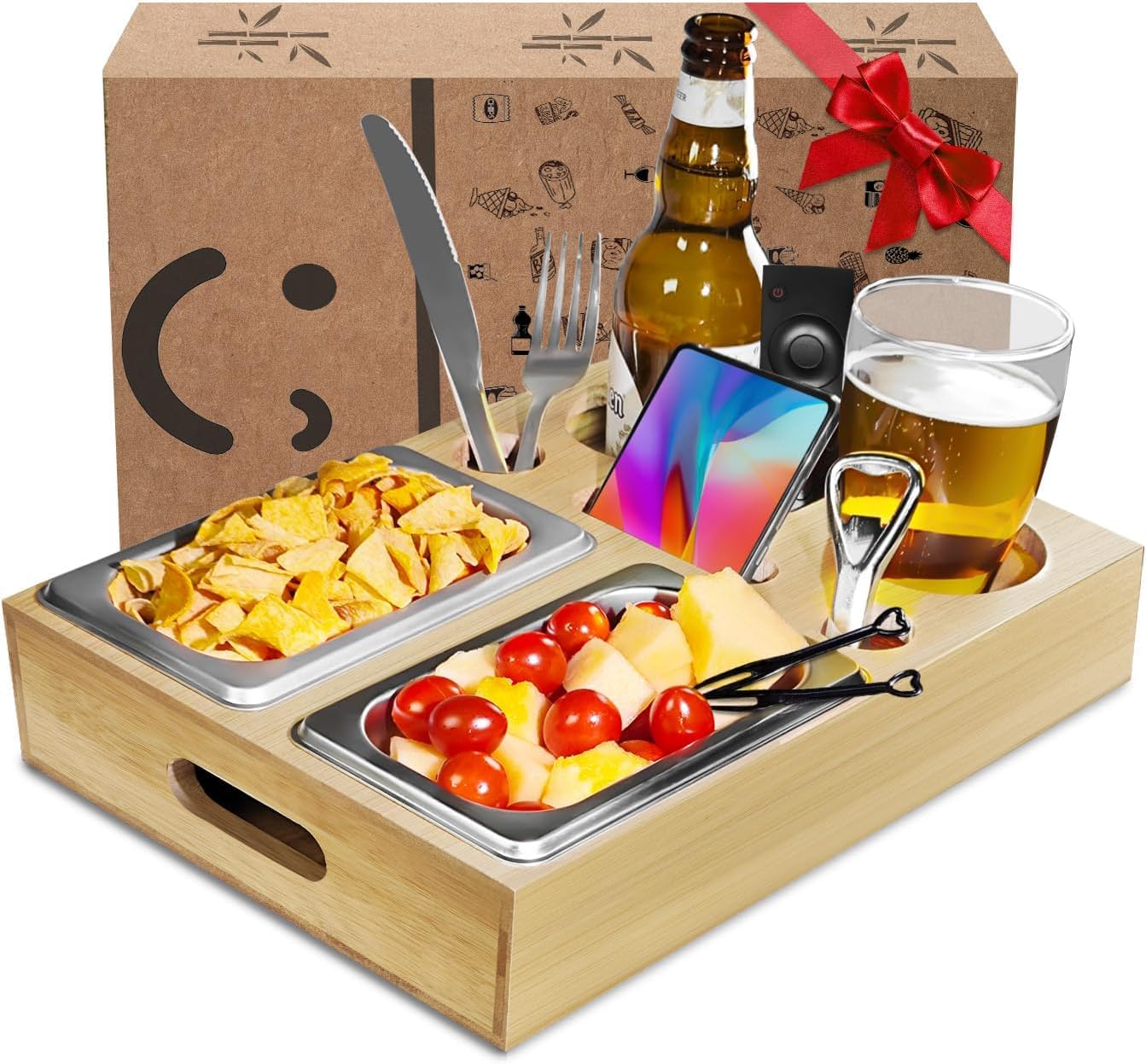 Couchbar Snackbox-Organizer Tablett- Snackspender mit 2X Snackschale -Deko,Couch Bar mit Getränkehalter-Spülmaschinenfest | Stabile Ablage,Smartphone&Fernbedienung -WohnmobilausstattunglGeschenkbox