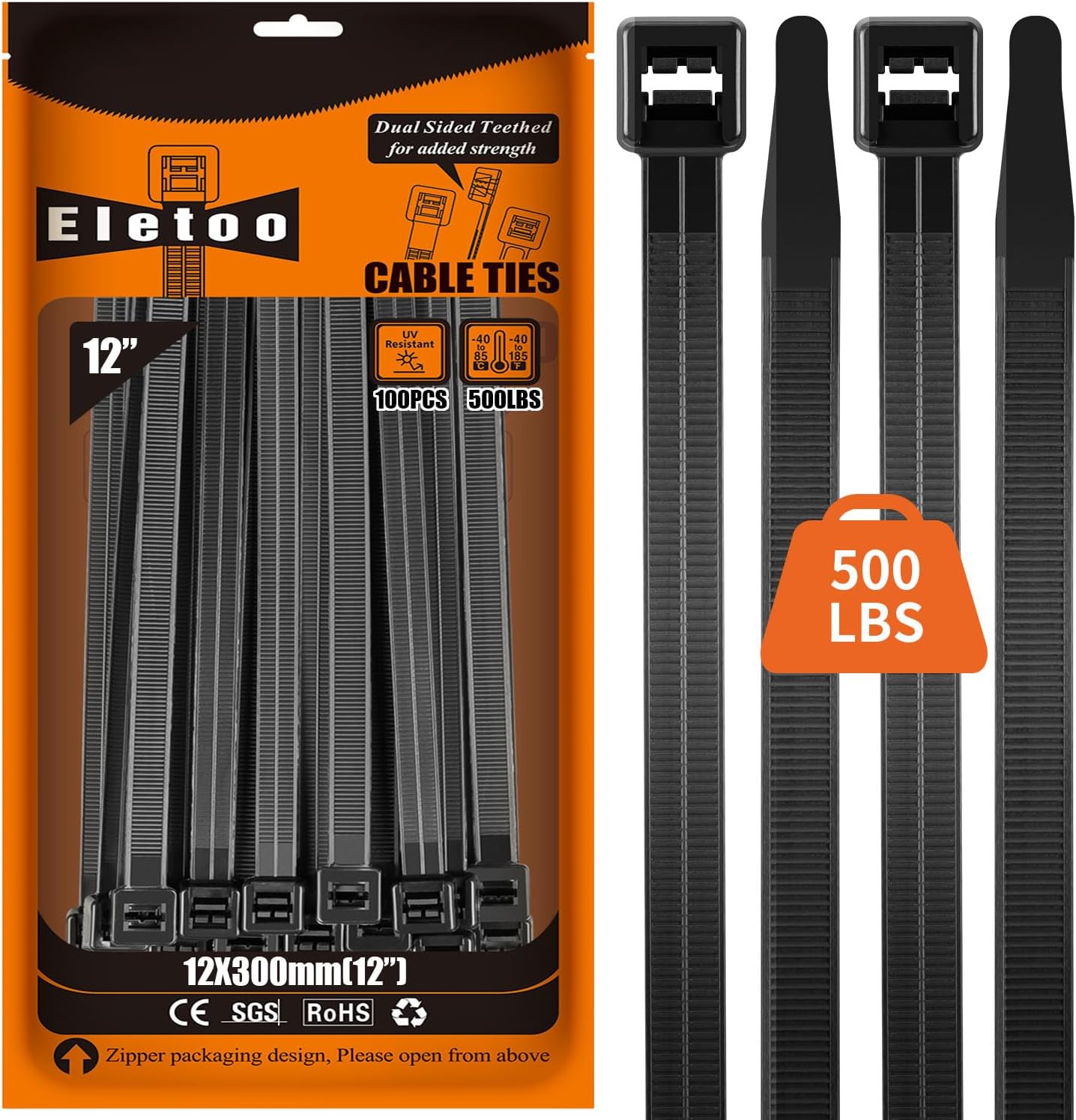 12 Inch Zip Ties Heavy Duty 100 Pack Black Large Cable Ties, 500 LBS Tensile Strength, Self-Locking UV Resistant for Indoor and Outdoor