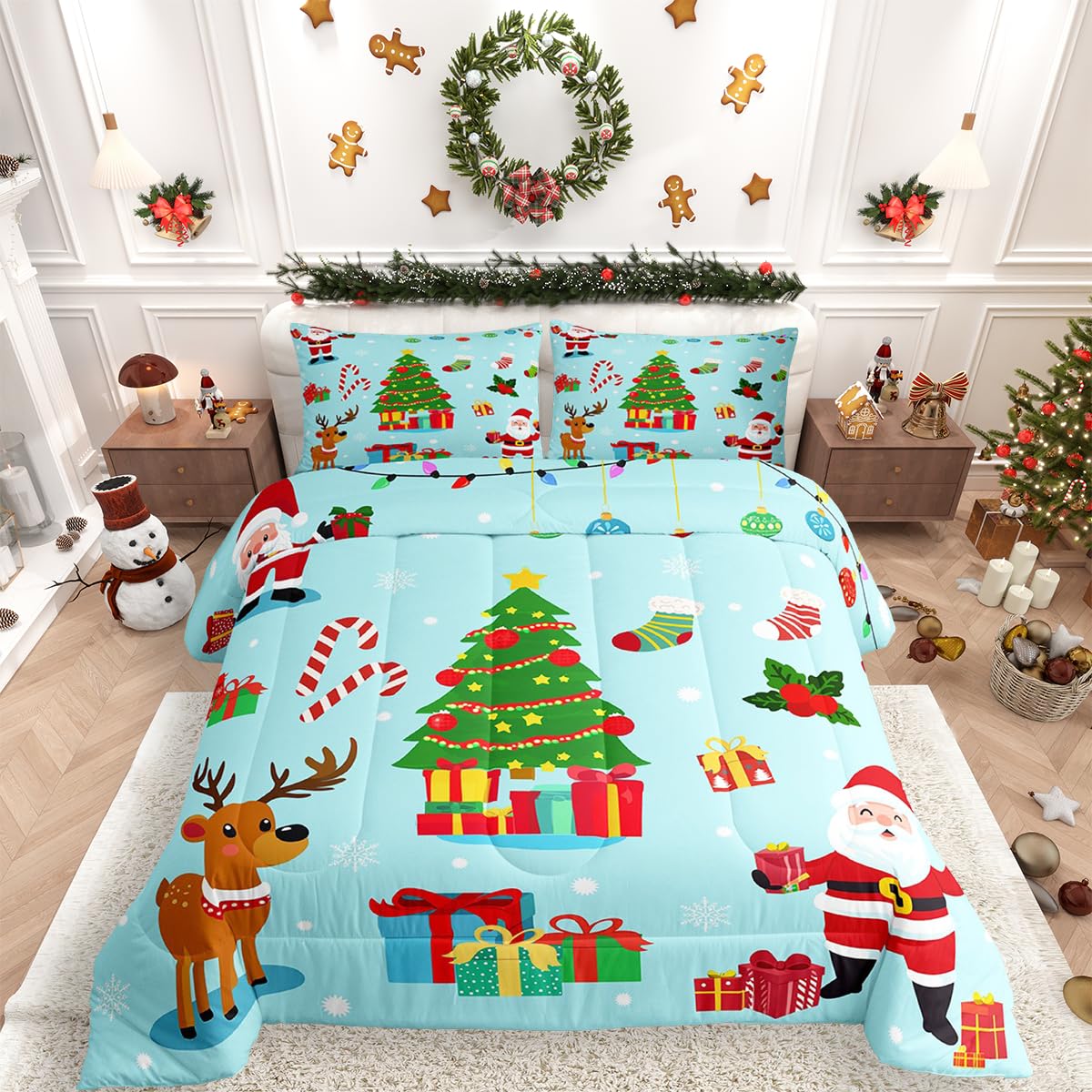 Erosebridal Merry Christmas Comforter Set Xmas Tree Quilt Full Size for Kids Boys Girls Bedroom Teens Santa Claus Bedding Set Cartoon Deer Down
