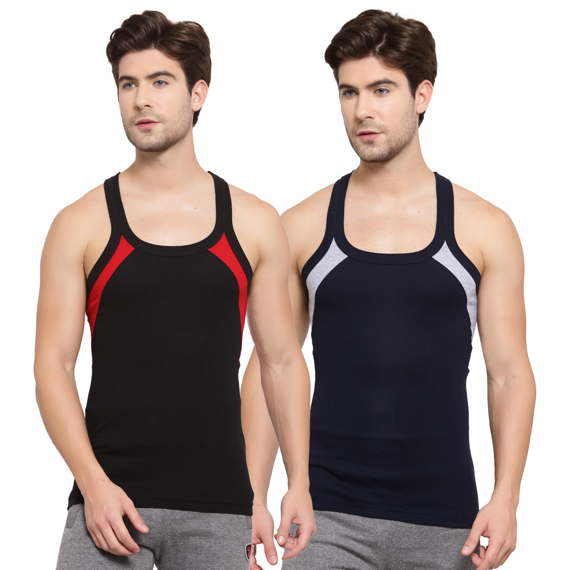 sporto Macho Men's Pure Cotton Solid Side Contrast Panel Gym Vest Pack of 2-Assorted-picture-10