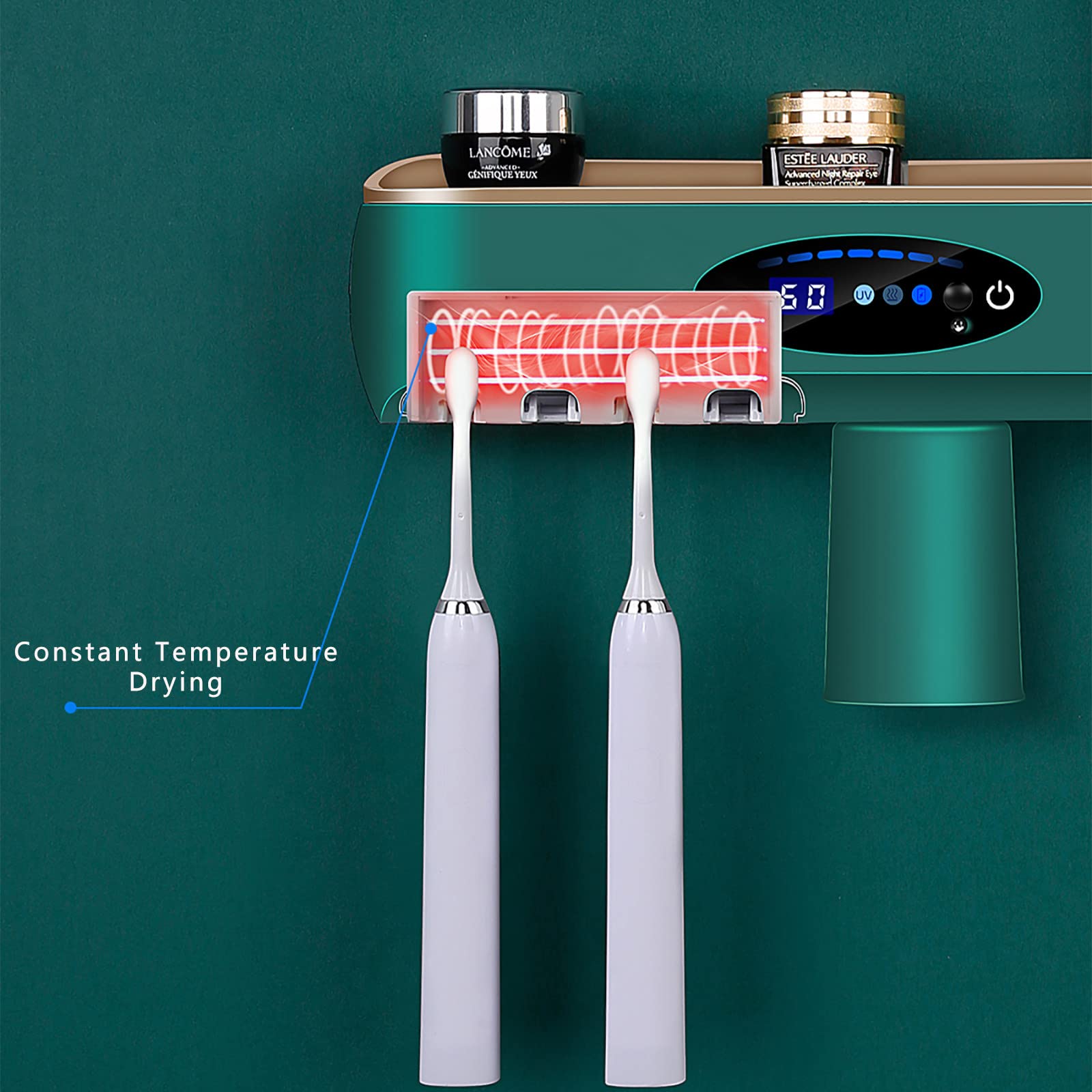Porta Cepillo de Dientes, Soporte Cepillo de Dientes con Función Esterilizador Secado, LED Estuche Cepillo Dientes con Luz Nocturna, Organizador Baño USB Recargable Verde