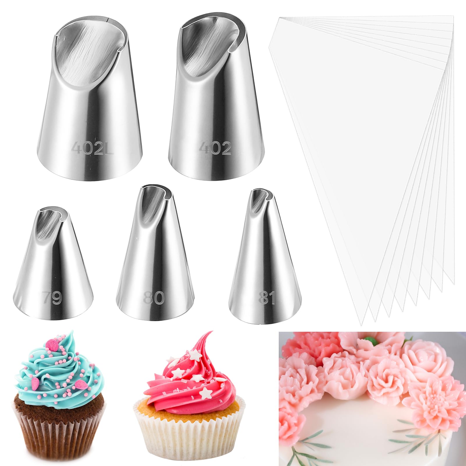 5 Pieces Rose Flower Piping Tips Set with 10 Bag, Cake Decorating Tips, Wilton Flower Icing Piping Tip Rose Petal Nozzles Set for Cake Decorating