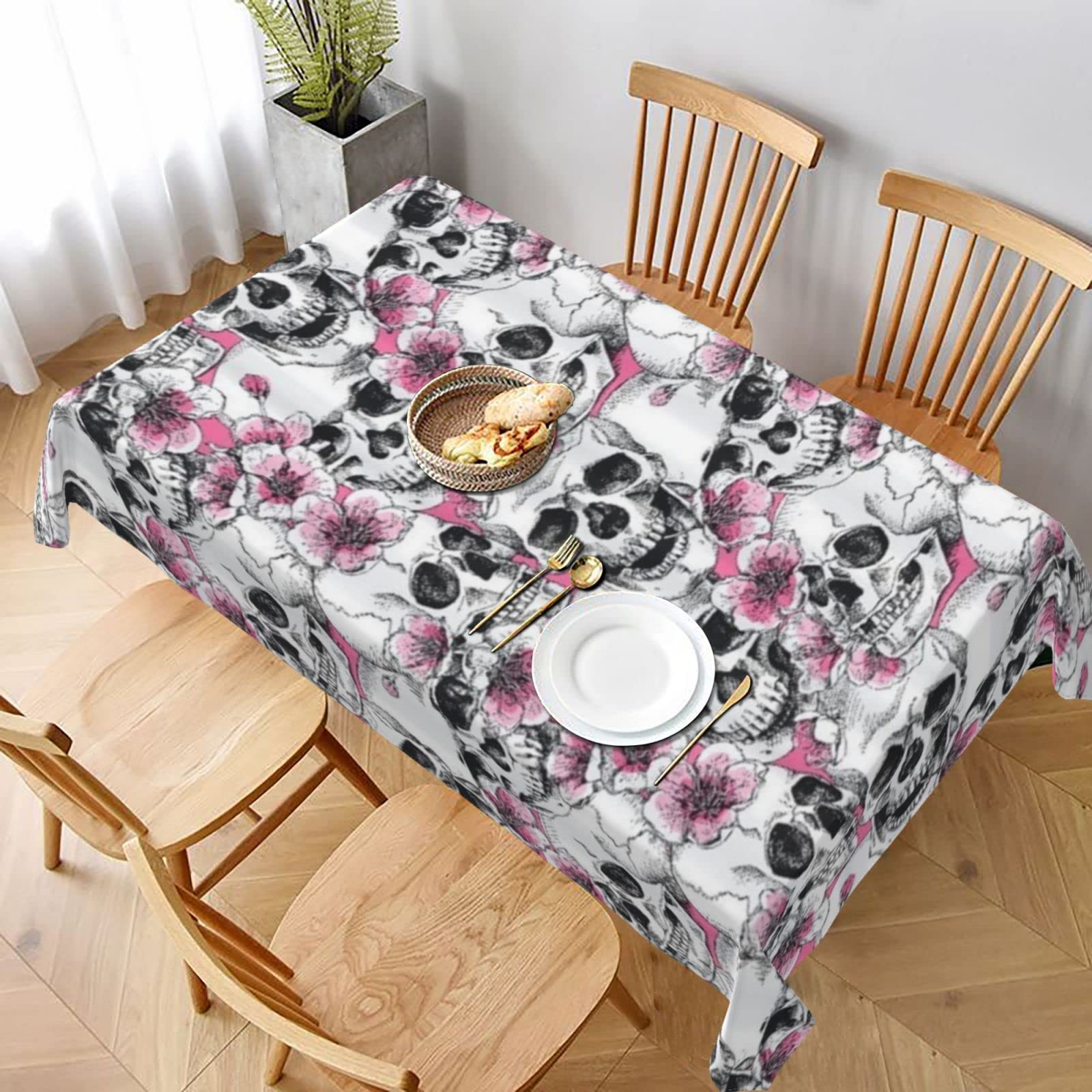 BNVSADC Floral Skull Printed Rectangle Tablecloth 228x152 CM, Water Resistant Polyester Table Cloth Decorative Fabric Table Covers for Kitchen Dining Table Parties Camping