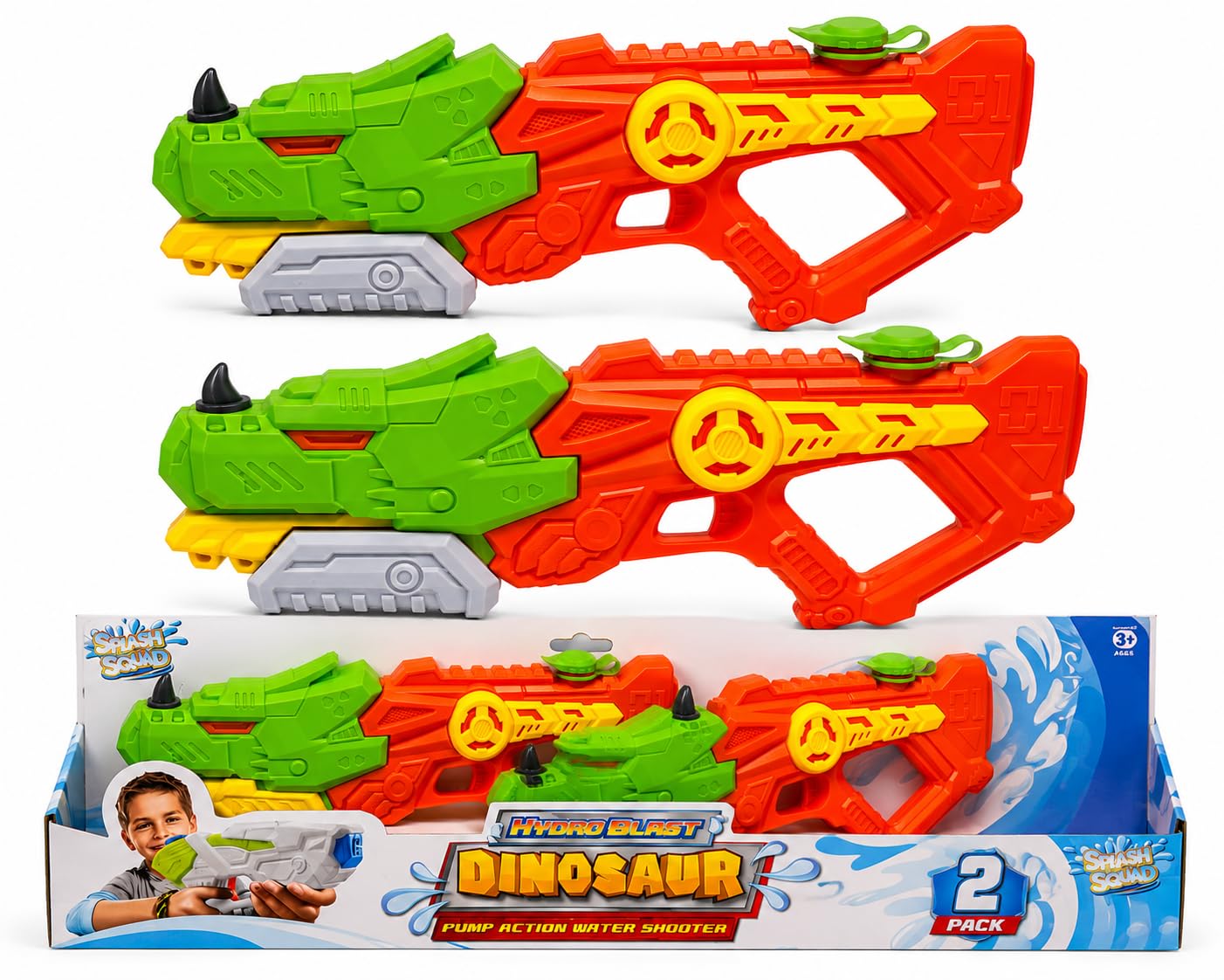 2x Giant Splash Squad Hydro Blast Triceratops Pump Action Water Guns 1000ml Tank 9-10m Range Large Water Blasters Water Pistols for Kids Garden Beach Pool Summer Toys - 51cm