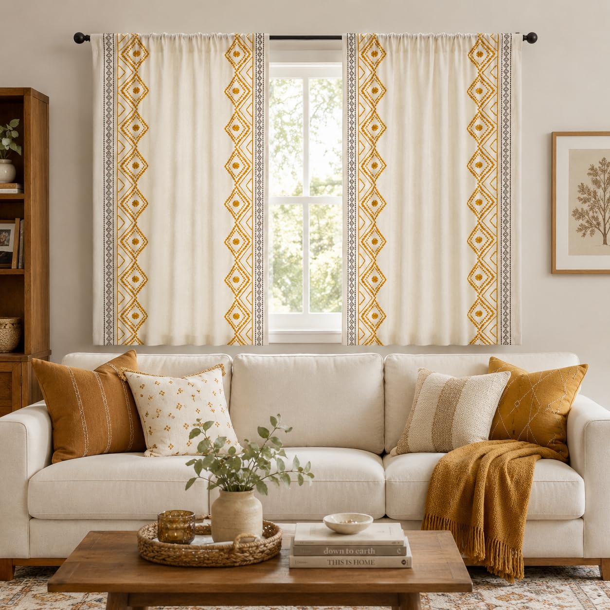 ColorBird Lot de 2 Rideaux bohèmes brodés en Coton et Lin avec Passe-Tringle pour Salon, Chambre à Coucher, Salle à Manger (132,1 x 160 cm (l x L), Jaune)