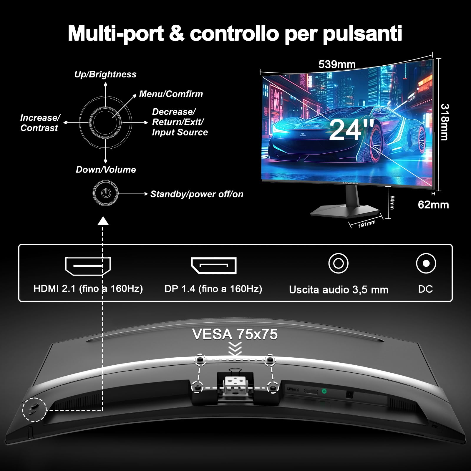 Minifire Curved Gaming Monitor 24 Pollici, 160Hz, 1500R, 1Ms, sRGB110%, FHD 1080P, compatibile con VESA, protezione occhi Adaptive Sync, porte HDMI＆DP (MFG24C1L, cavo HDMI incluso)