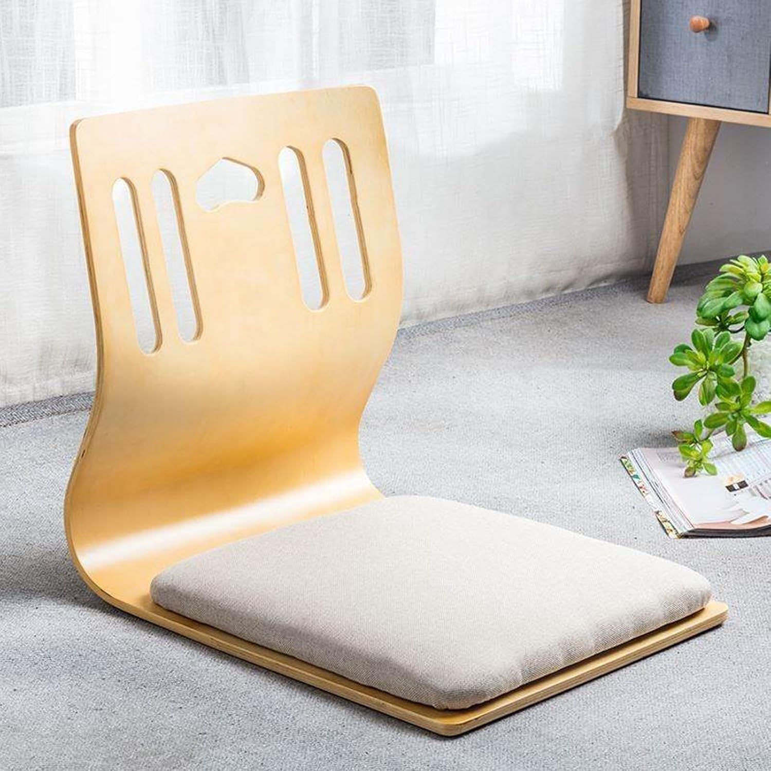 DRXRD Japanese Legless Floor Chair,Wooden Tatami Meditation Chair Bay Window Lounge Chair Lazy Couch for Reading Tv Watching(R)