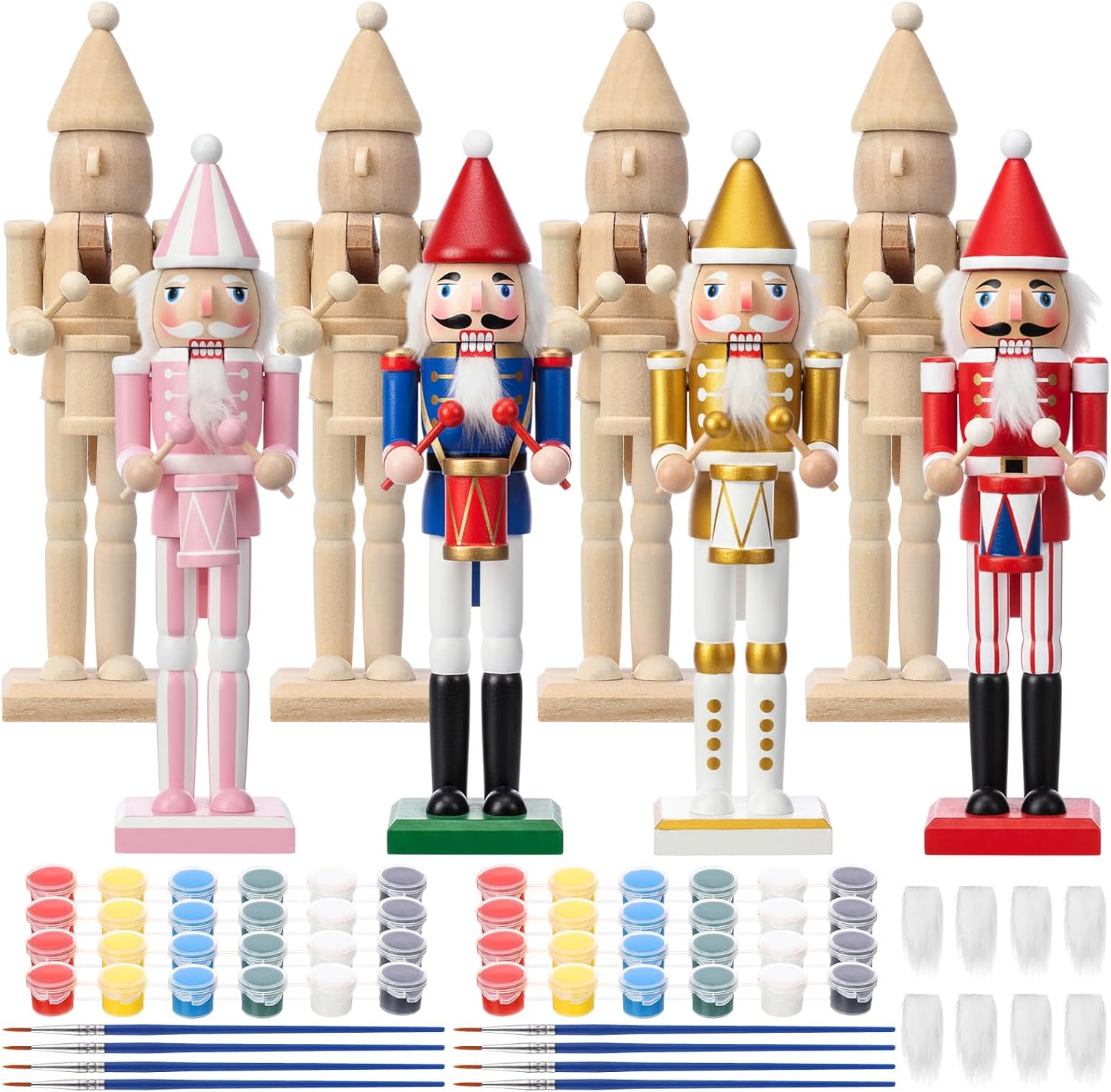 Christmas Wooden Unfinished Nutcracker Figurines 7 Inch DIY Unpainted Nutcracker Drummer with Paint, Paintbrush and Beard Set for Xmas Decoration Crafts Puppet(8 Pcs)