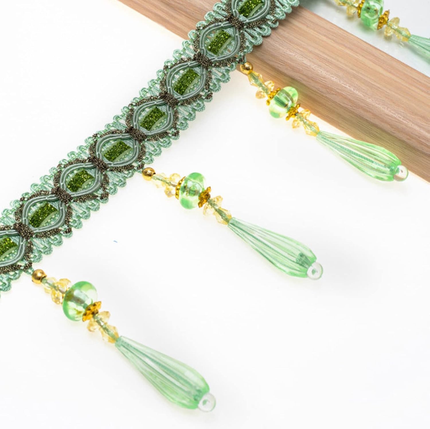 Tassel Trim,Tassels Sewing, 12 Yards Braided Hanging Beads Trim Fringe Curtain Tassel Sewing Accessories Crystal Pendants Home Table Sofa Decor(Green)