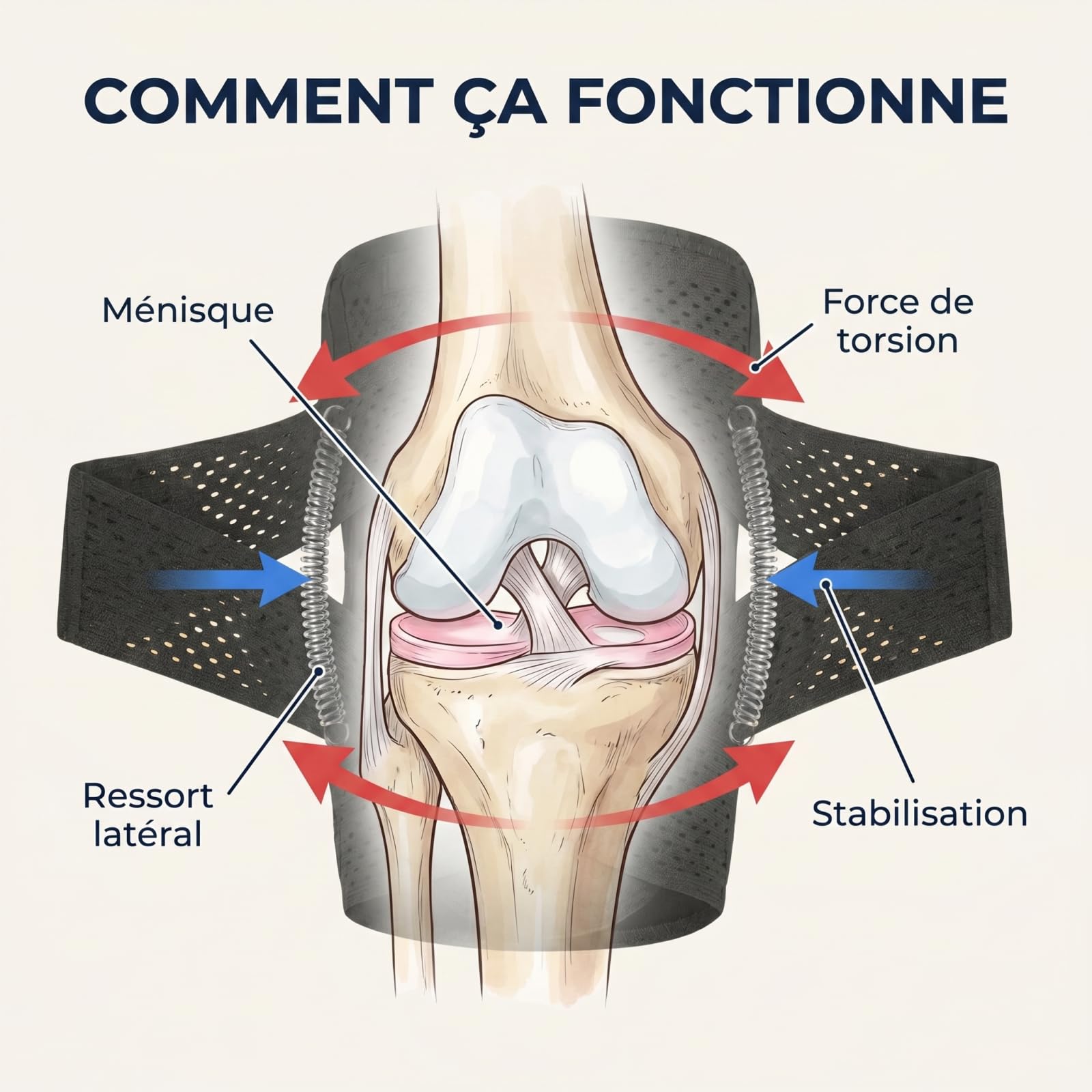 MEIION Genouillere Pieralis,Genouillère Cross Stab,Genouillère Sportive Réglable,Amorti et Anti-Choc,avec 4 Ressorts en Silicone et Garniture de Protection,Confortable et Respirante