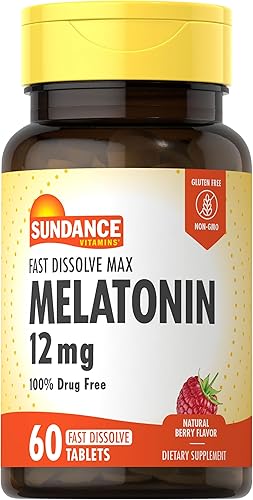Melatonina 12mg 60 tabletas de disolución rápida Sabor natural de bayas Suplemento vegetariano, sin OMG y sin gluten por Sundance