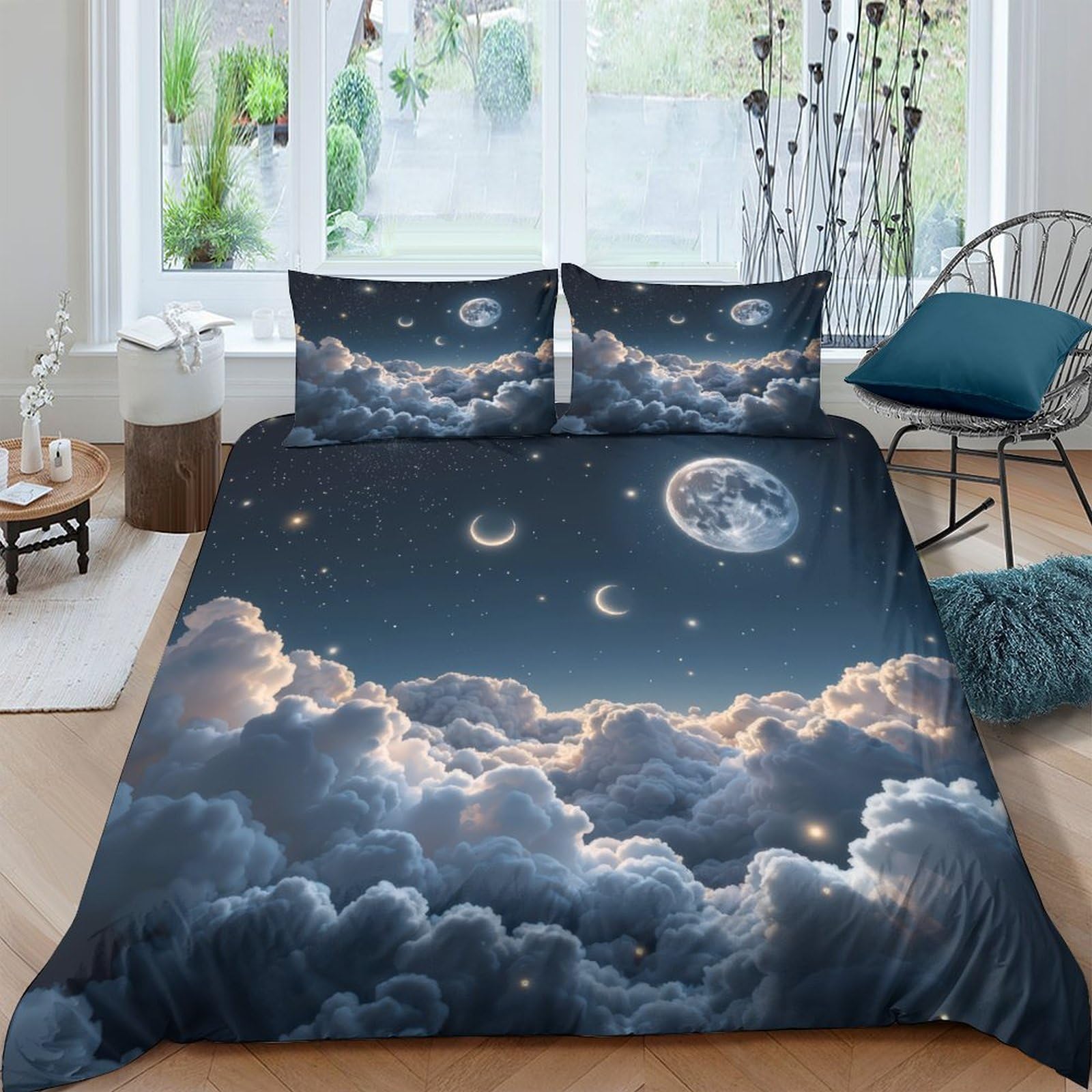Ctjqhvkz Style-4 3D Printed Moonlit Cloud Fitted Sheet Microfiber Soft Breathable Night Sky Mattress Cover Bedroom Dorm Decor Single（135X200cm）