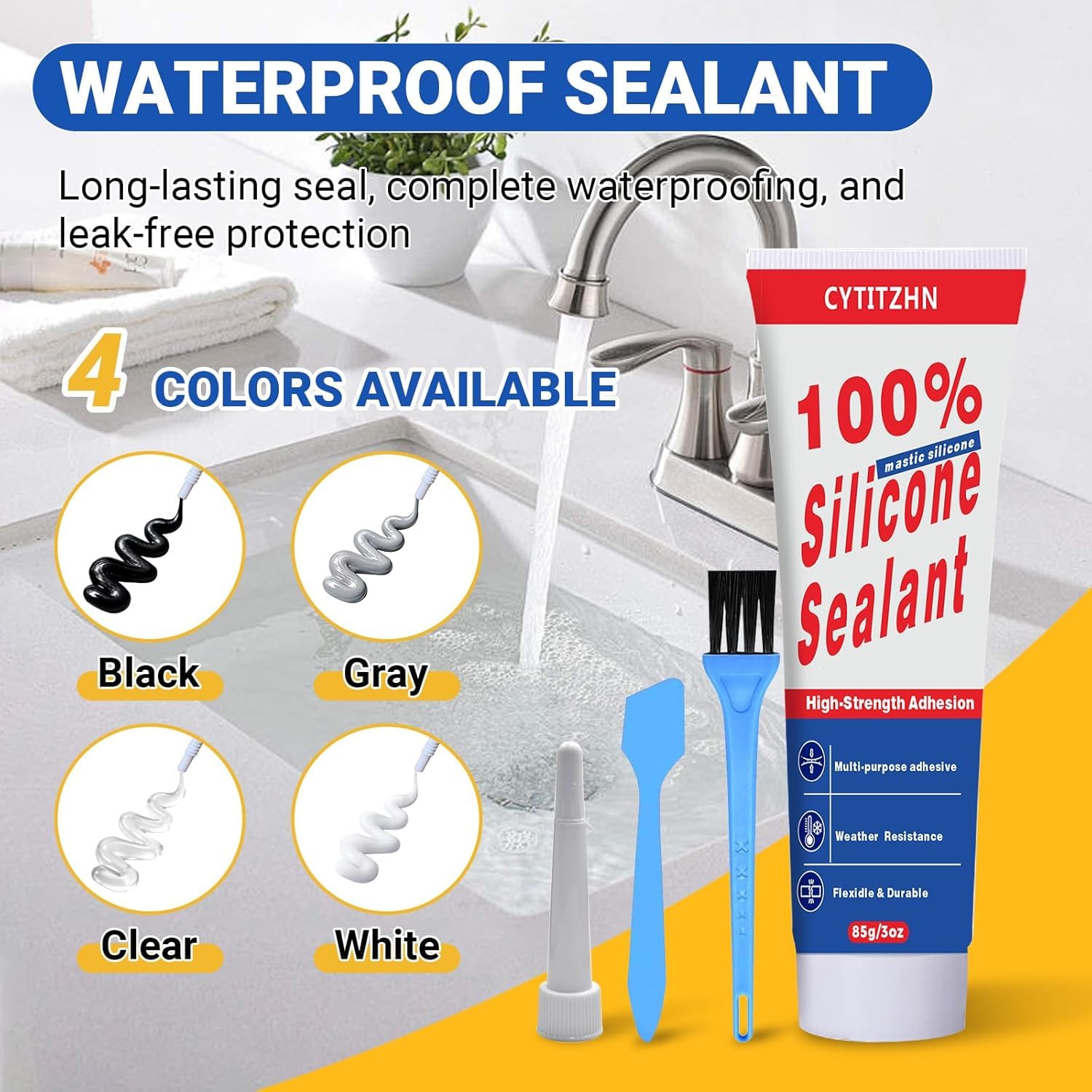No Caulking Gun Needed – 100% Waterproof & Flexible Silicone Caulk, High-Strength, Weather Resistant, Multipurpose for Auto/Home/Kitchen/Bath/Window – Crack Proof (Grey, 85g/3oz)