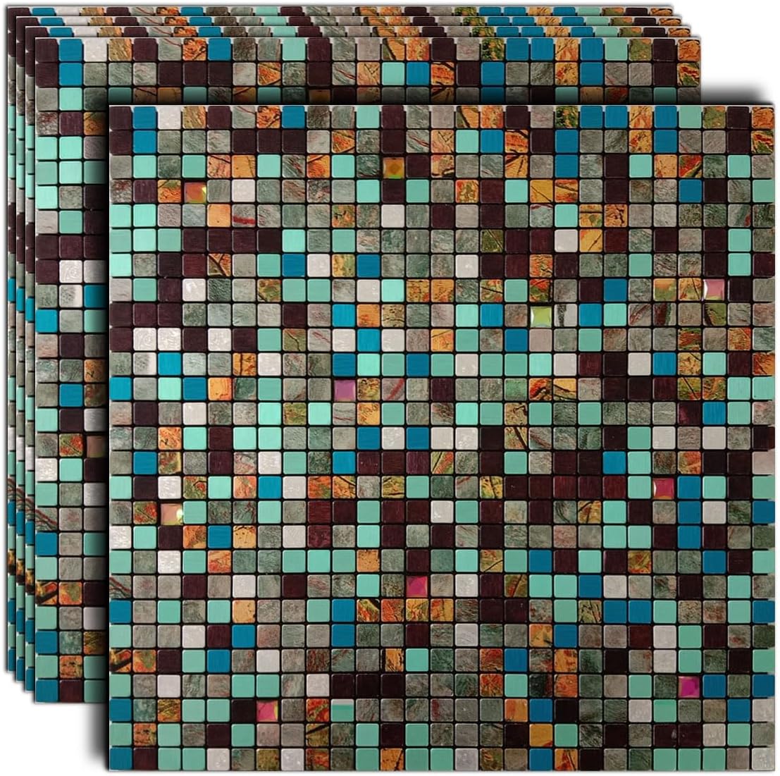 XUANINY Peel and Stick Backsplash Tiles for Kitchen, Bathroom,Fireplace,Self Adhesive Metal Aluminum Mosaic (11.81"x11.81") (5, Mixed Green&Blue&Maple Leaf)