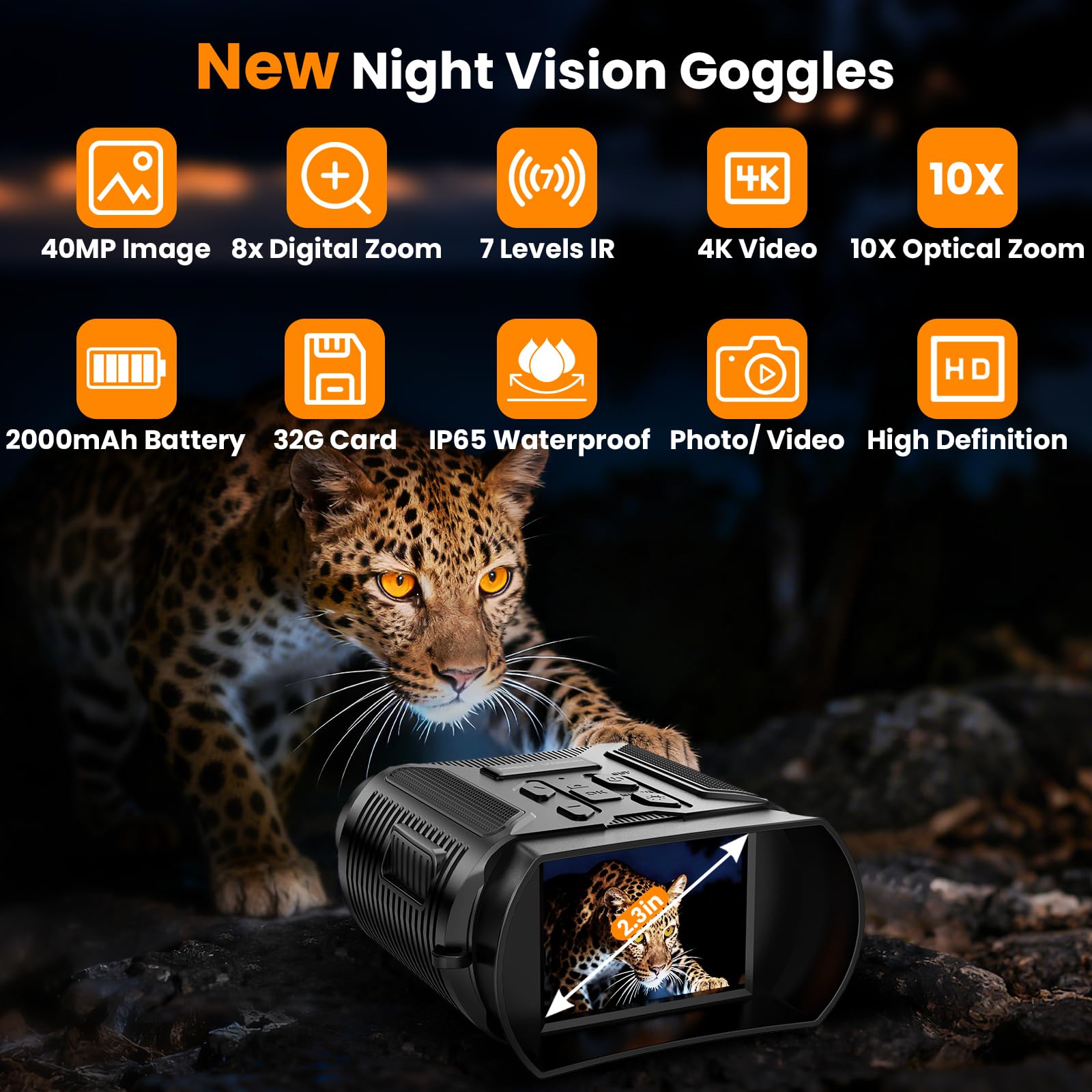 Night Vision Goggles - 5W Upgraded 4K HD IR Binoculars - 8X Digital Zoom, Rechargeable Binoculars with Camera Built in, 32GB Card to Save Photos and Videos, Flashlight (Black)