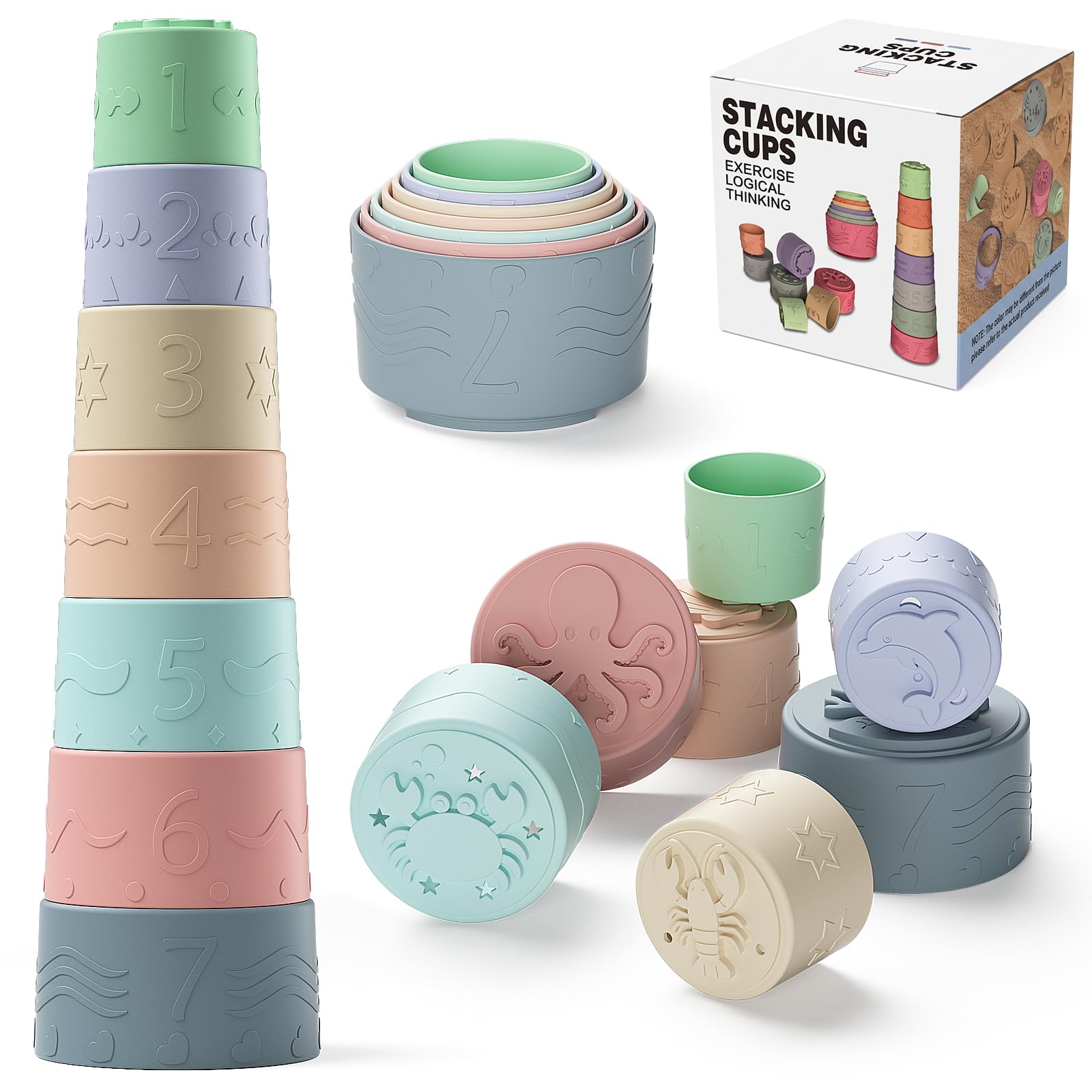 Baby Stapelbecher Spielzeug Für 3 6 12 Monate+, Silikon Stapelturm mit 7 Bechern, Mit Einzigartiger Meereslebewesen-Gravur Und Erhabenen Zahlen, Für Badespaß, Geschenke Für Jungen & Mädchen Ab 1 Jahr