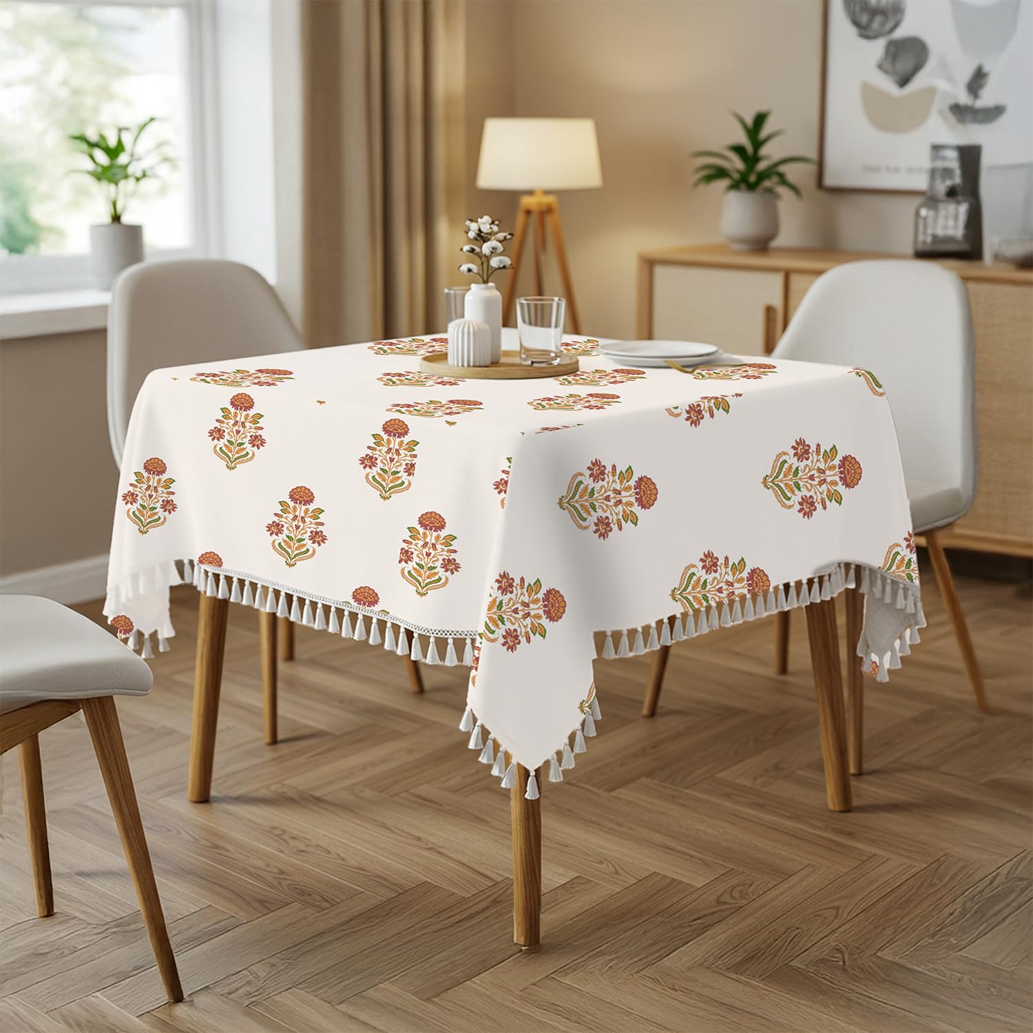 Urban Space 100% Cotton Dining Table Cover Square Table Cover, Printed Cotton Table Cloth for Center Table with Boho Tassels, 48" x 84" - Square, Liberty Maroon-picture-17