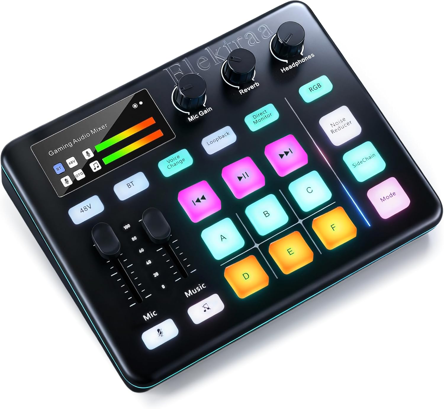 Elektraa Gaming Audio Mixer, Audio Interface Sound Board with 48V Phantom Power, Soundboard for PC, RGB, XLR Microphone Interface, Voice Changer, Live Streaming, Podcasting