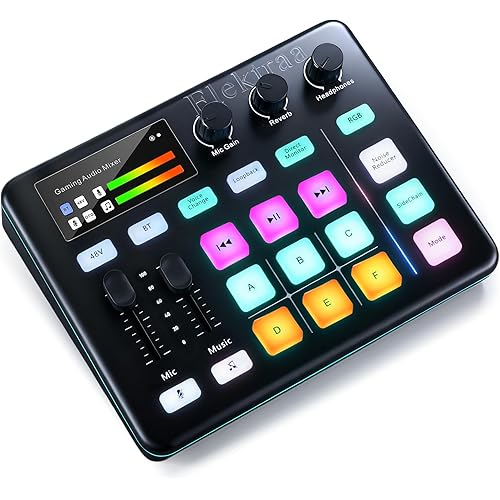 Elektraa Gaming Audio Mixer, Audio Interface Sound Board with 48V Phantom Power, Soundboard for PC, RGB, XLR Microphone Interface, Voice Changer, Live Streaming, Podcasting
