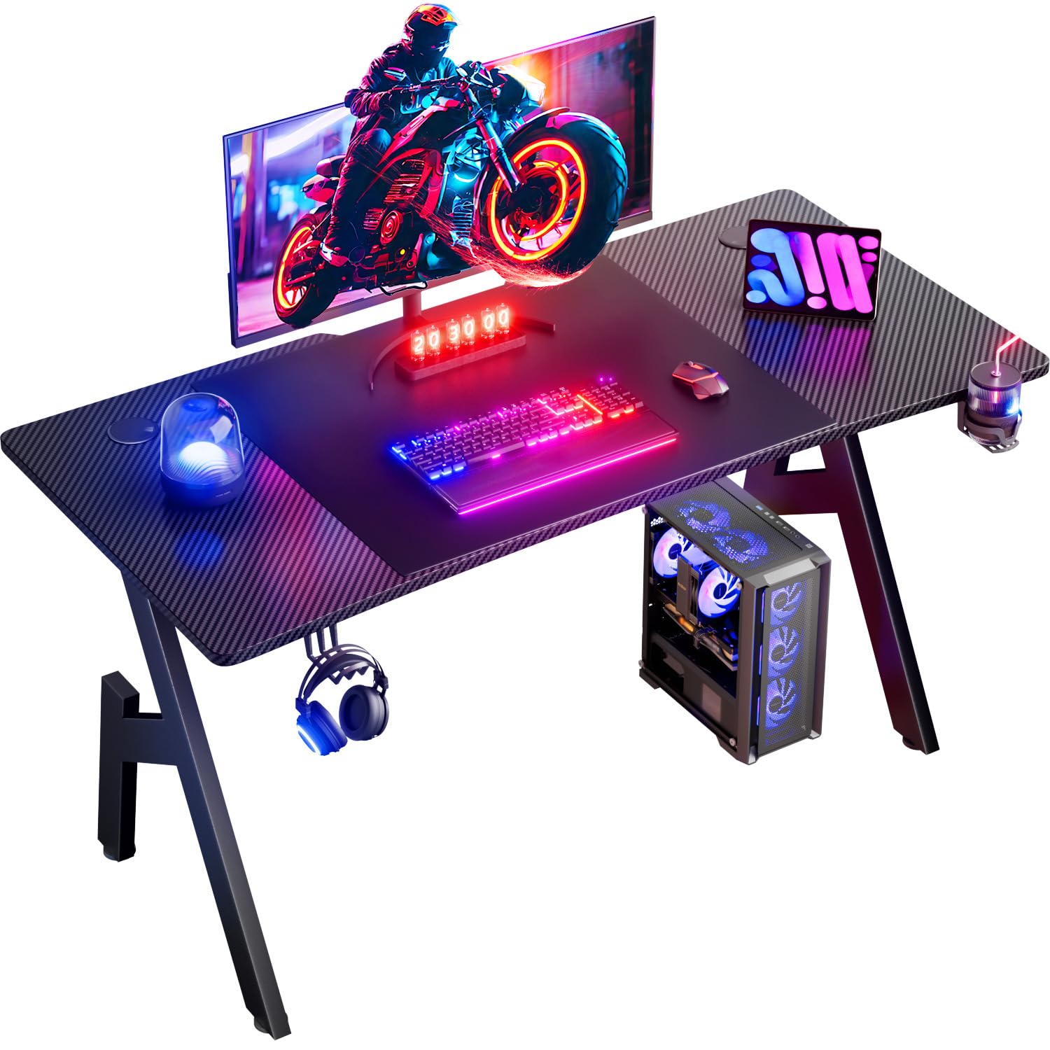 HLFURNIEU 120 x 60 cm Bureau Gaming, Bureau Gamer Informatique Ergonomique, Table Gaming en Fibre de Carbone, Gamer Desk avec Porte Gobelet et Crochet pour Casque, Noir