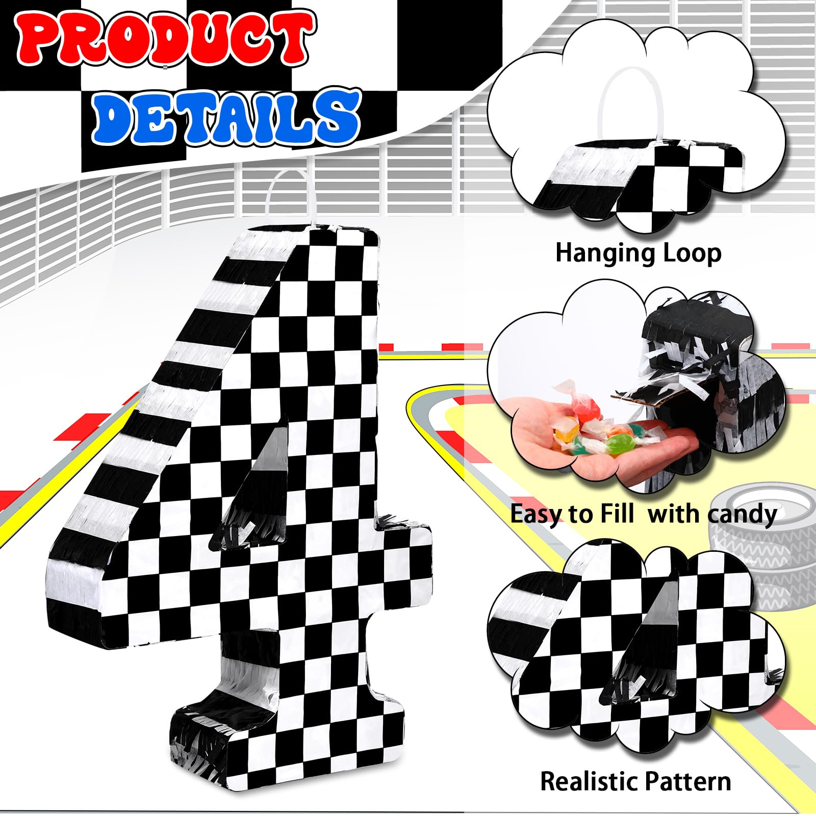 Lewtemi Número de coche de carreras, piñata, número pequeño a cuadros, decoración de fiesta de cumpleaños, número decorativo blanco y negro con máscara de ojos de confeti para celebración de niño,