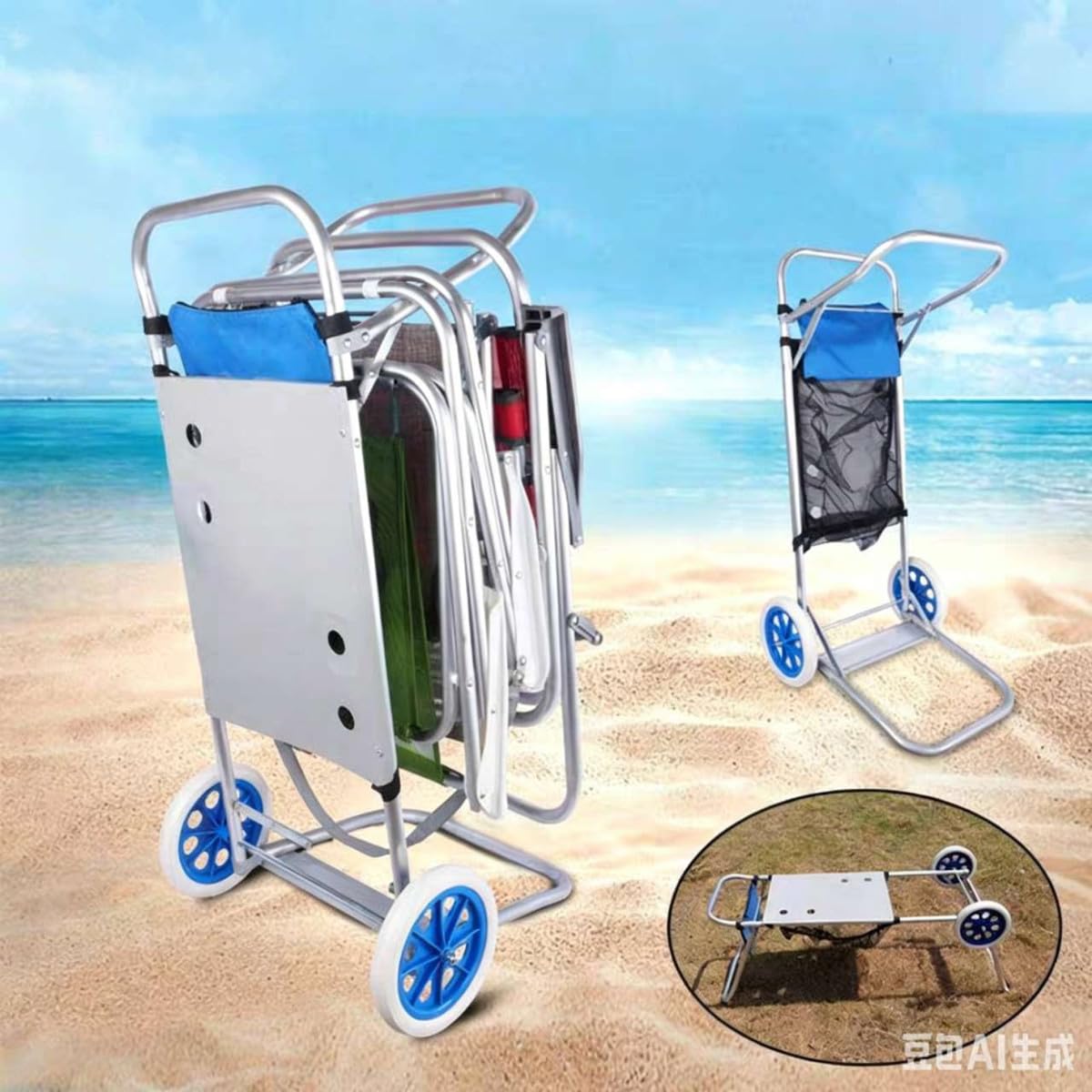 Carro Plegable de Aluminio para Playa, Portaneveras y Sillas, con Ruedas y Mesa Integrada (Azul)