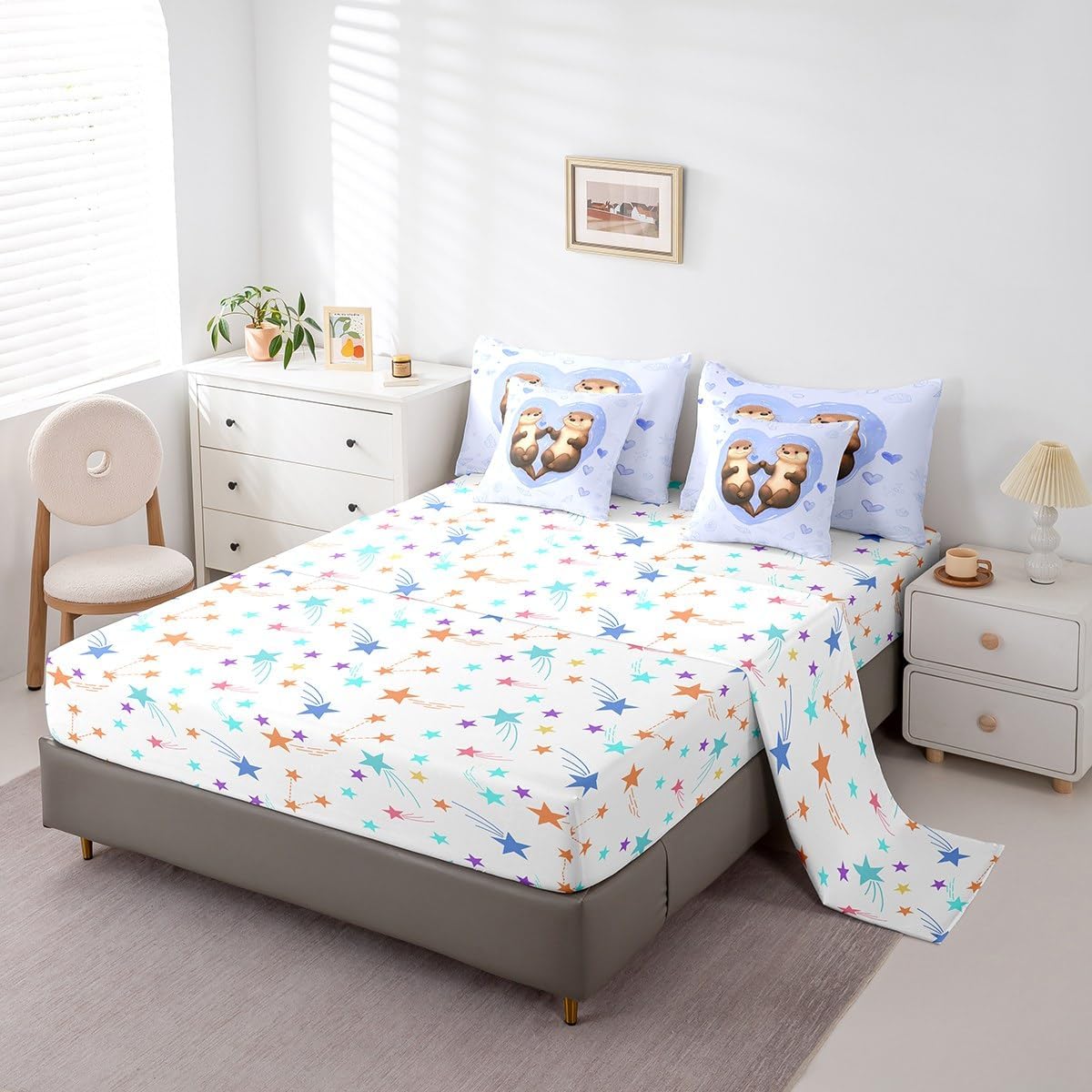 7 Pieces Twin Size Cartoon Otter Comforter Set,Sketch Love Heart Romantic Bedding Set for Boys Girls,Shell Starfish Cute Ocean Animal (Comforter+Fitted+Flat Sheet+2 Pillowcases+2 Throw Pillow Covers)