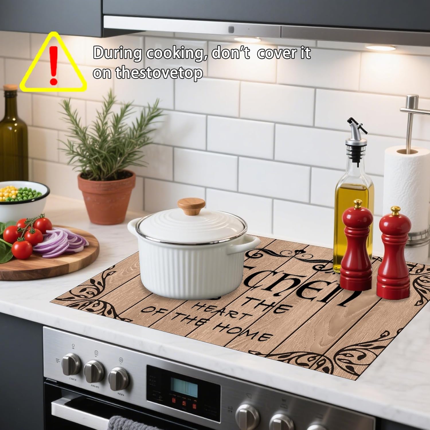 Nuxovilar Stove Top Cover Vintage Kitchen Quote Wooden Grain Print Polyester Diatomaceous Earth Mixture 28.65x20.47inch Decorative Stove Mat, Counter Protector Mat Kitchen Counter, Dining Table