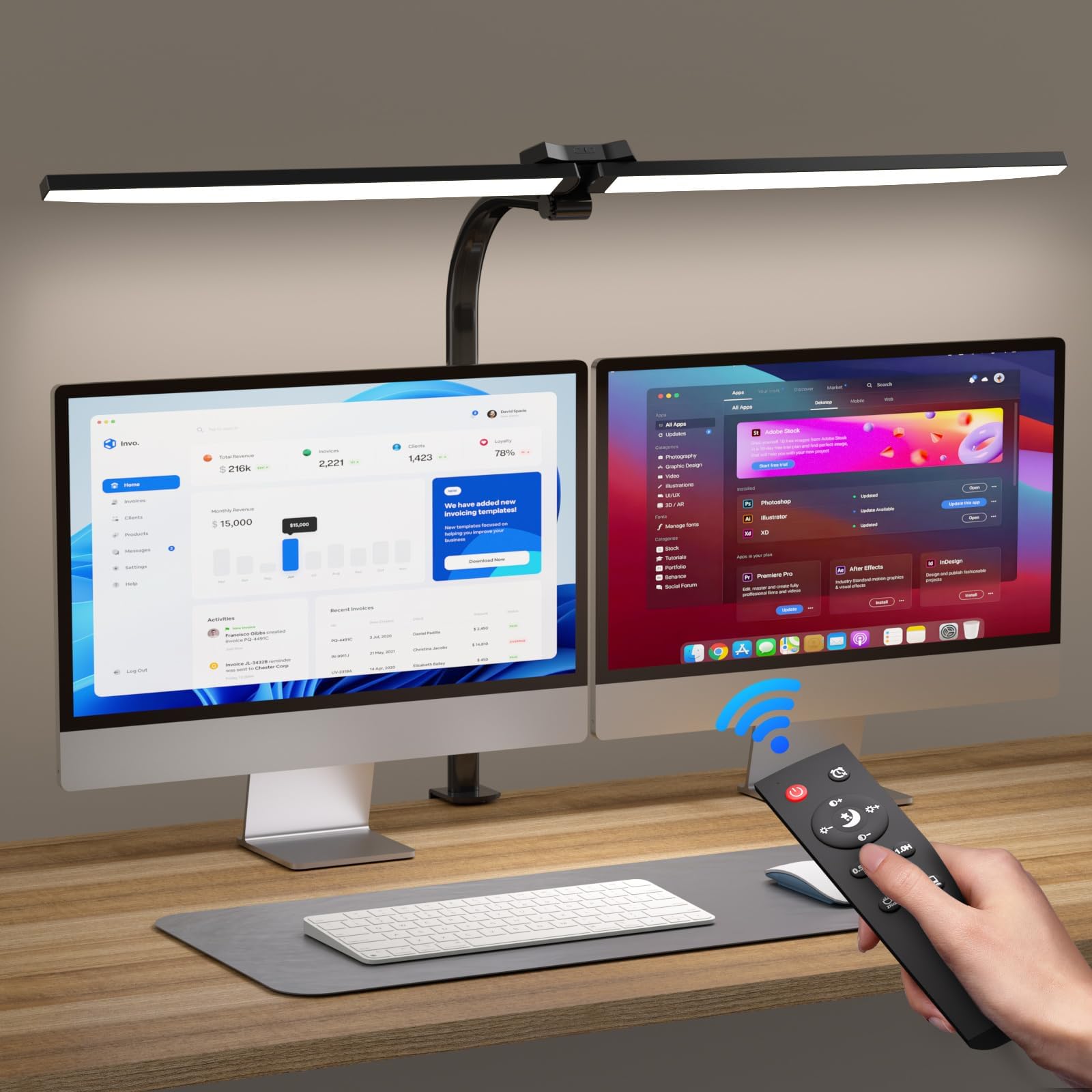 Lámpara de escritorio de doble cabeza LED regulable, 24 W, 80 cm, lámpara de luz diurna con mando a distancia y función de temporizador, lámpara de monitor con 5 temperaturas de color y 5 brillo, para